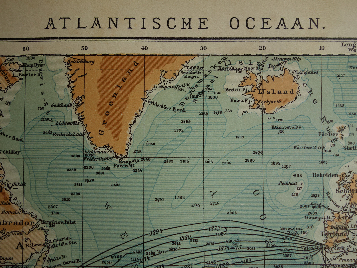 Oude kaart van de Atlantische Oceaan Originele 115+ jaar oude antieke Nederlandse landkaart