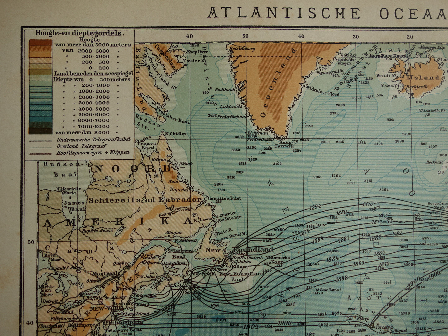 Oude kaart van de Atlantische Oceaan Originele 115+ jaar oude antieke Nederlandse landkaart