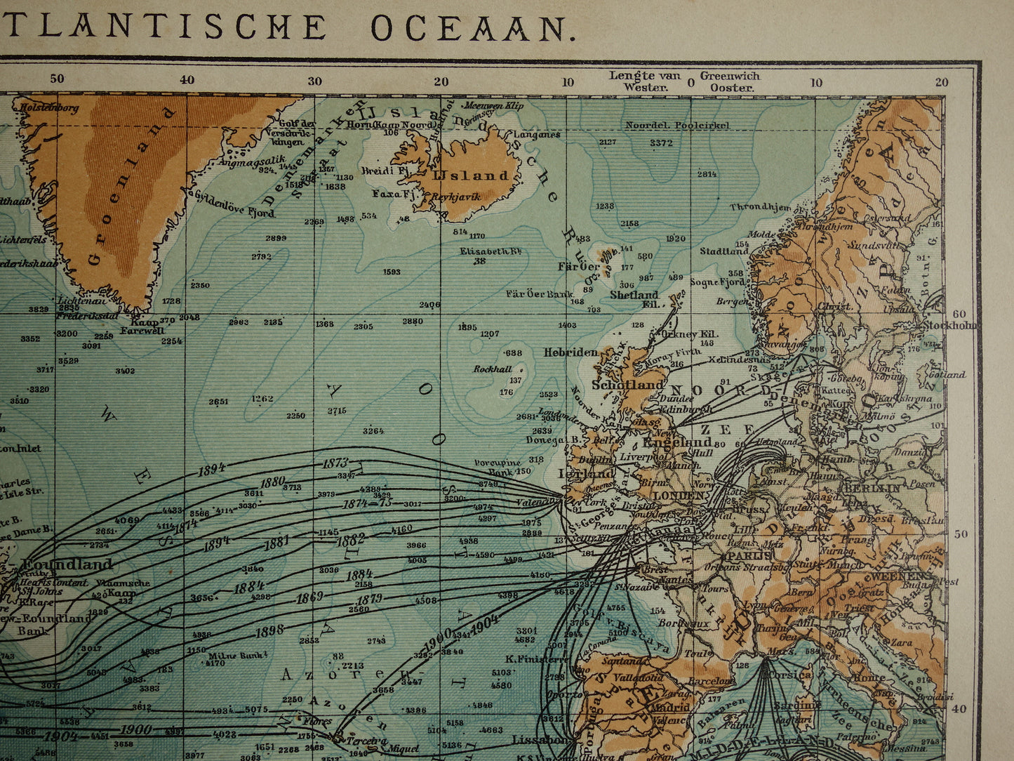 Oude kaart van de Atlantische Oceaan Originele 115+ jaar oude antieke Nederlandse landkaart