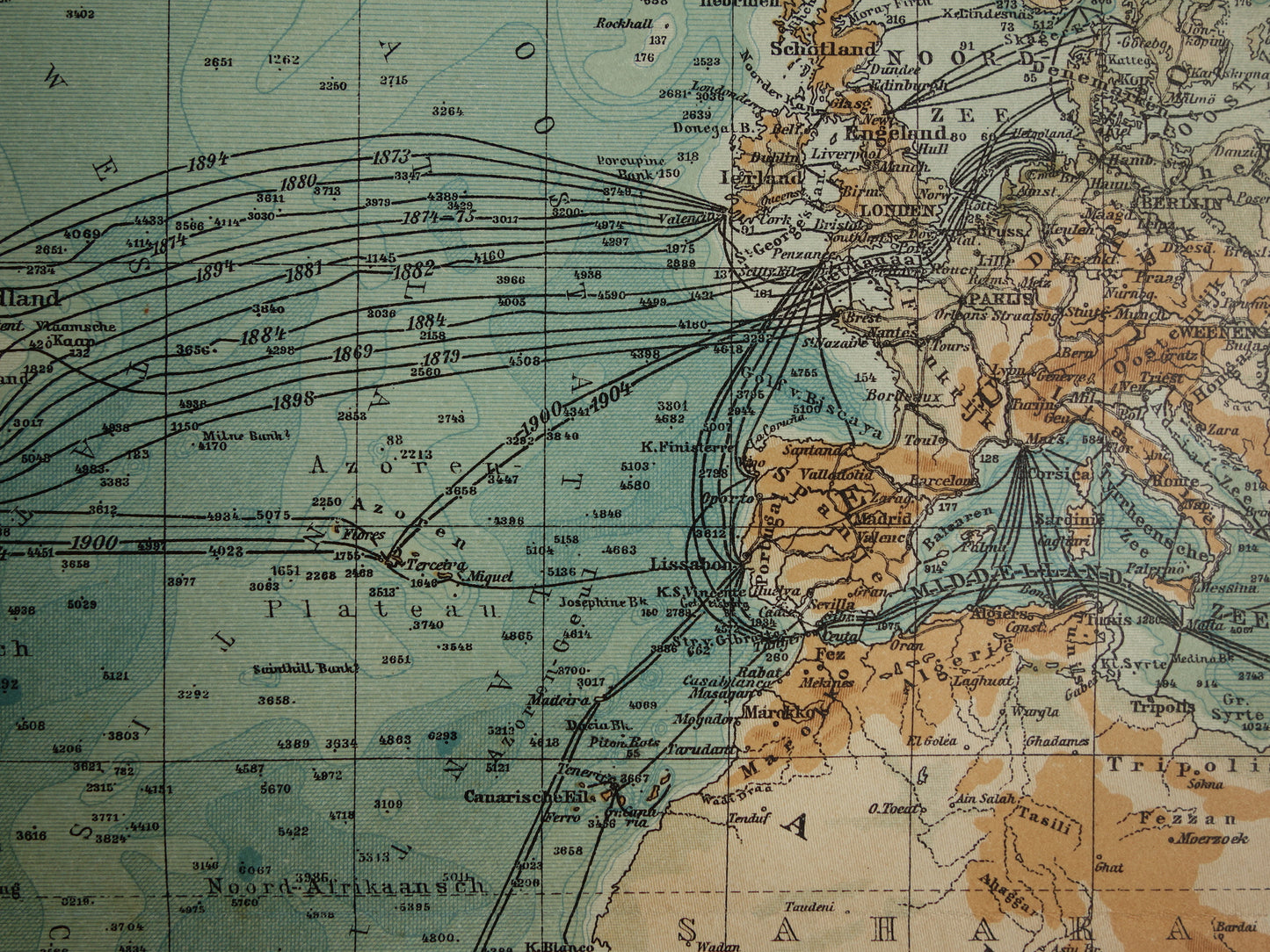 Oude kaart van de Atlantische Oceaan Originele 115+ jaar oude antieke Nederlandse landkaart
