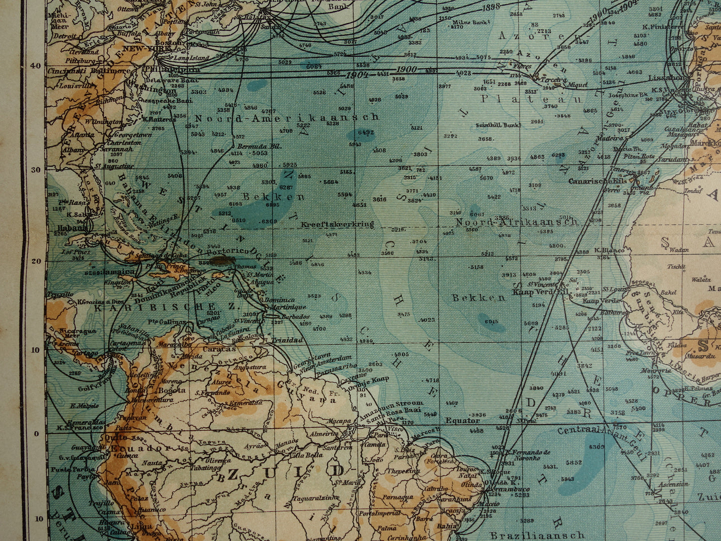 Oude kaart van de Atlantische Oceaan Originele 115+ jaar oude antieke Nederlandse landkaart