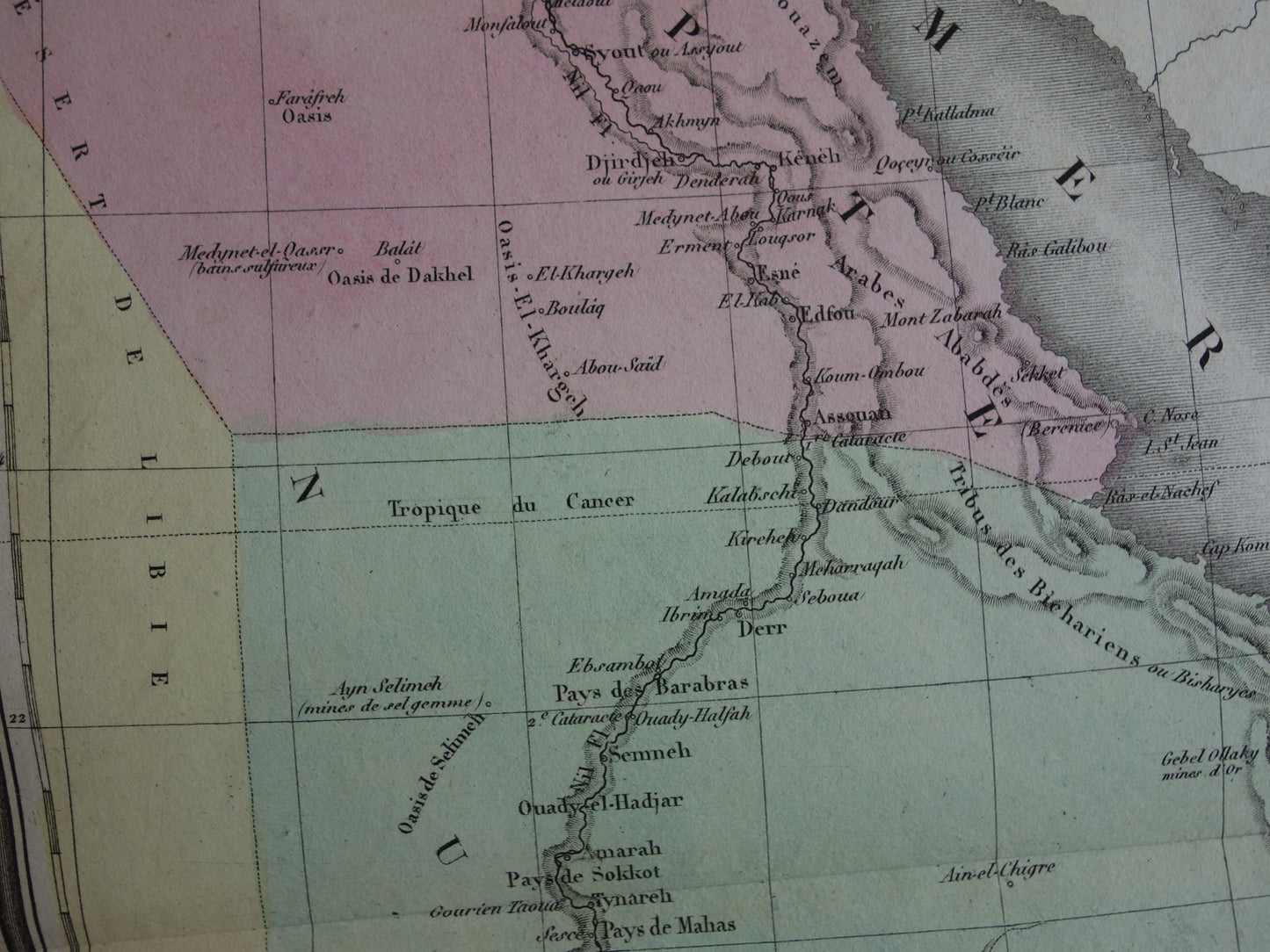 Oude kaart van Egypte Soedan Ethiopië 180+ jaar oude Franse handgekleurde landkaart Nubië Abessinië uit 1838