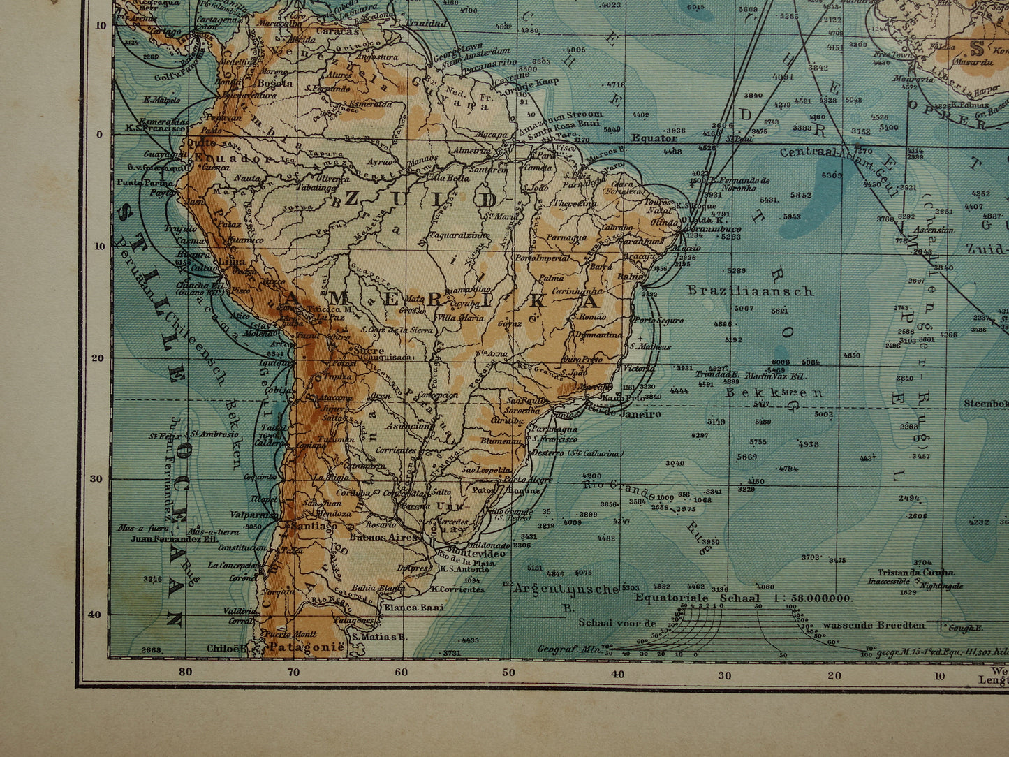 Oude kaart van de Atlantische Oceaan Originele 115+ jaar oude antieke Nederlandse landkaart