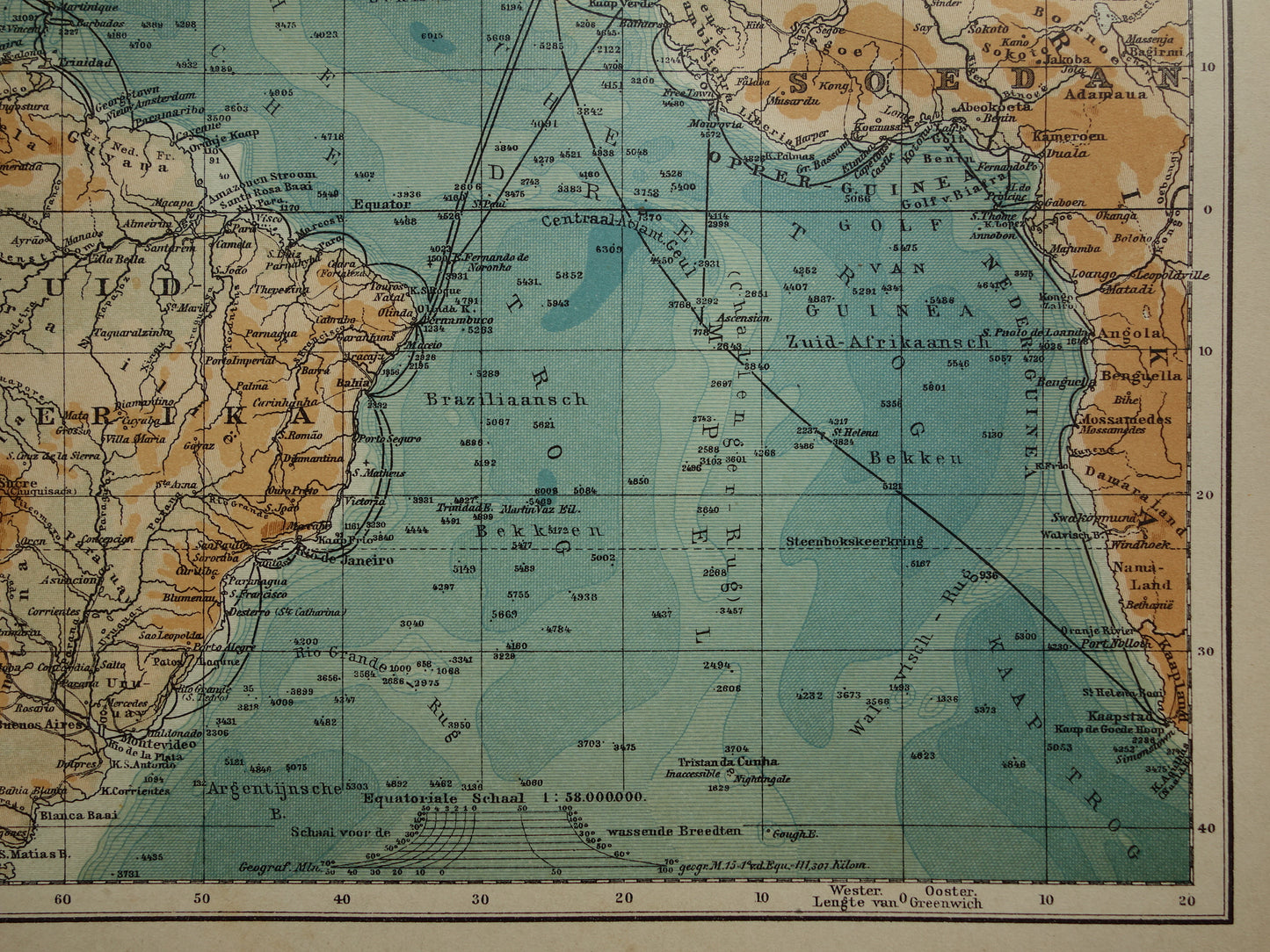 Oude kaart van de Atlantische Oceaan Originele 115+ jaar oude antieke Nederlandse landkaart
