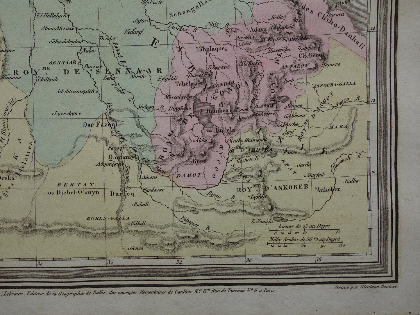 Oude kaart van Egypte Soedan Ethiopië 180+ jaar oude Franse handgekleurde landkaart Nubië Abessinië uit 1838