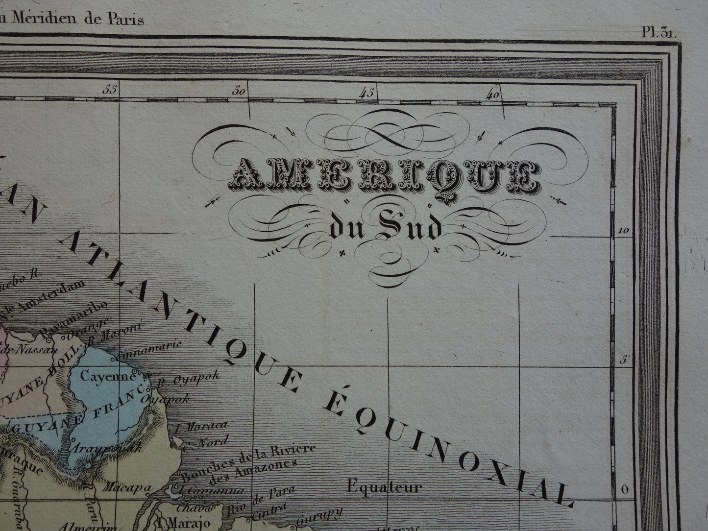 180+ jaar oude landkaart van Zuid-Amerika Originele Franse handgekleurde kaart uit 1838