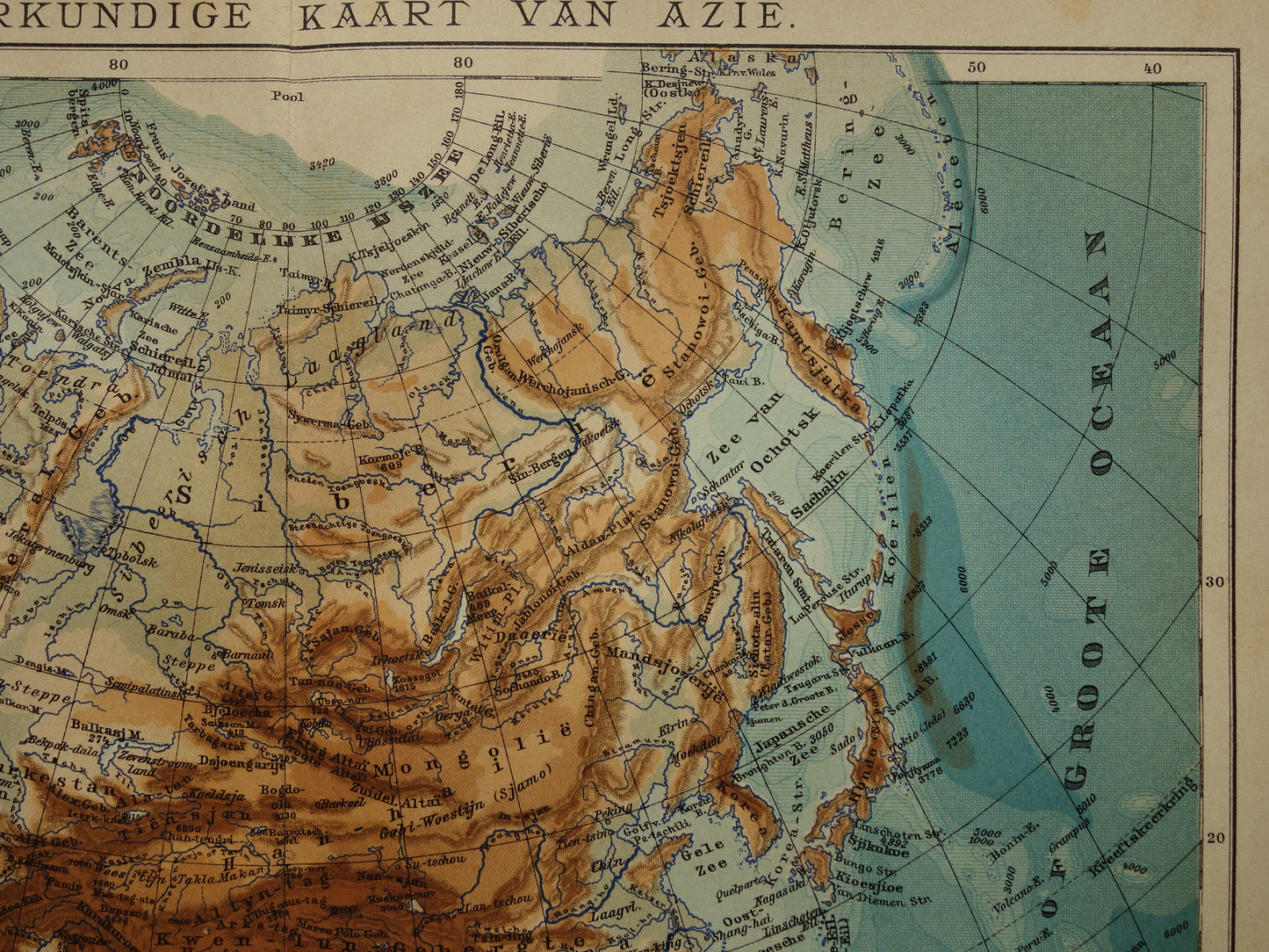 AZIË oude landkaart van continent Azië uit 1905 originele Nederlandse antieke kaart hoogtekaart bergen en rivieren