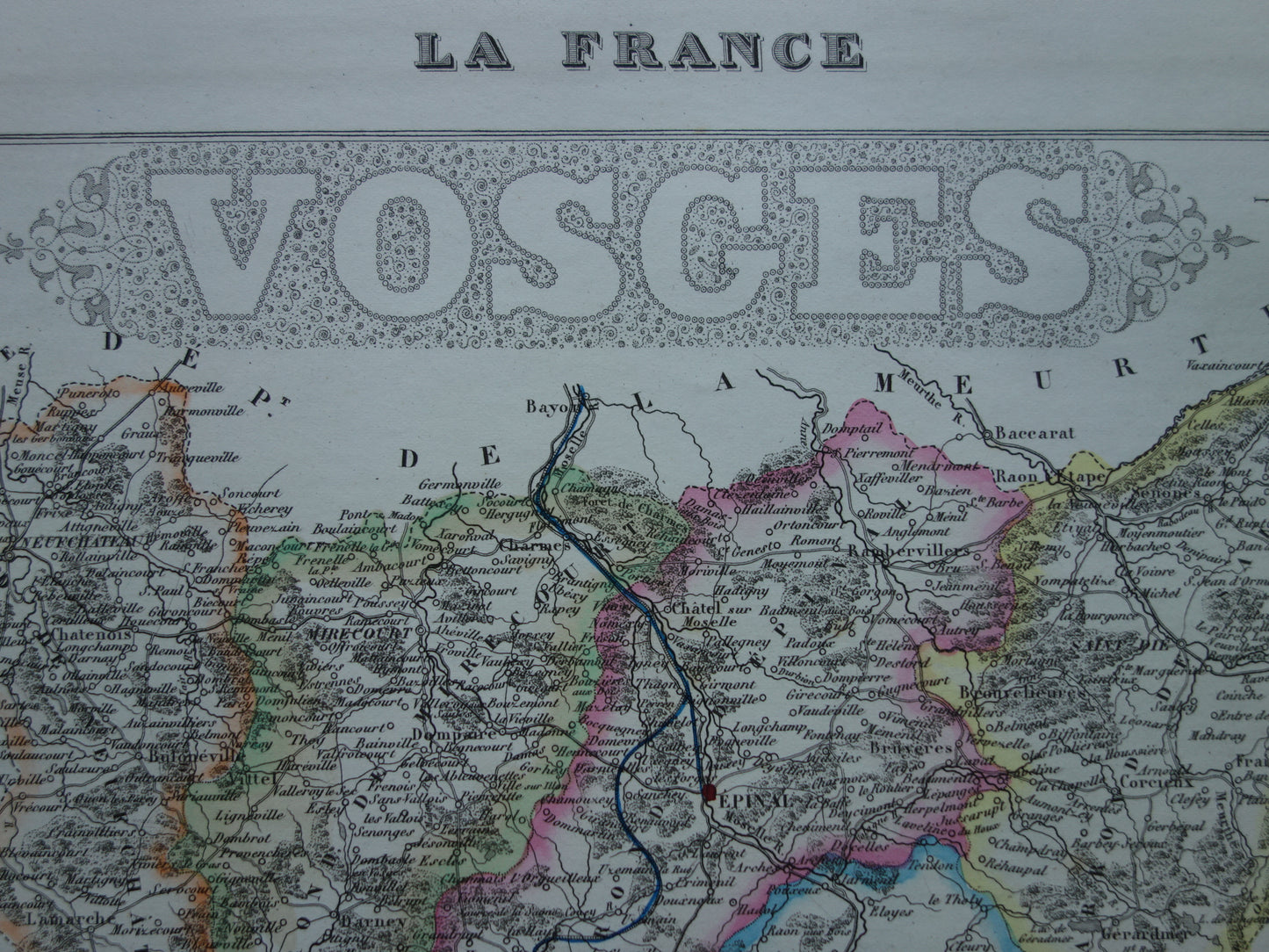 Oude kaart van VOSGES departement in Frankrijk uit 1856 originele antieke handgekleurde landkaart Épinal Contrexéville Gérardmer Jeanne d'Arc