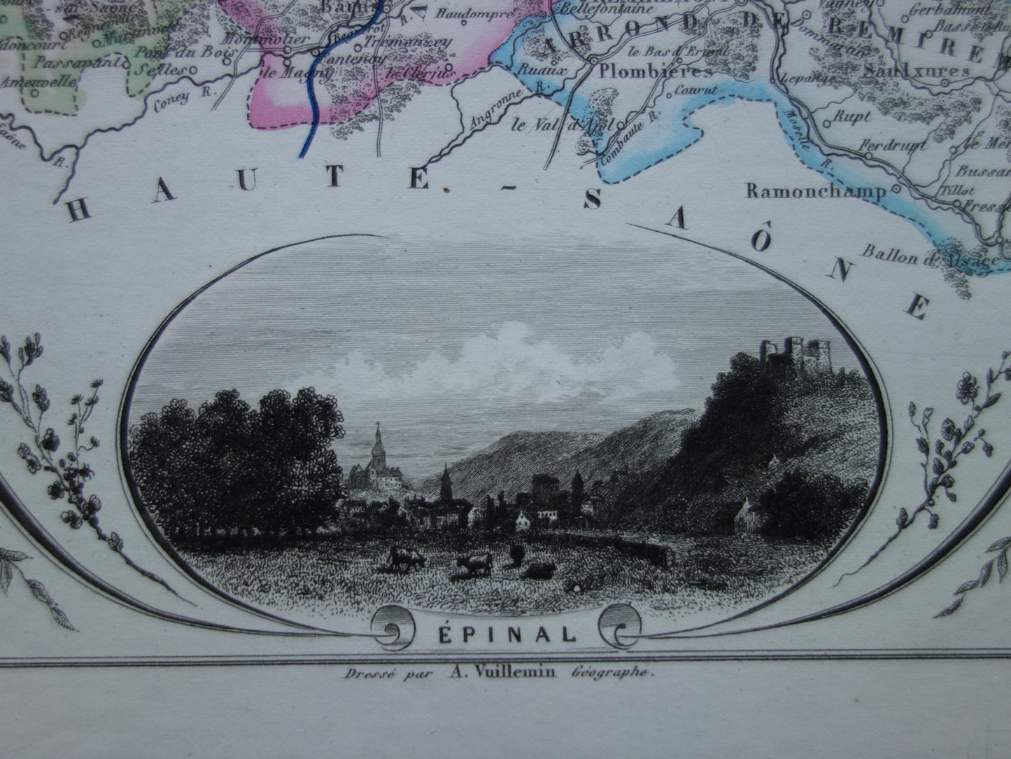 Oude kaart van VOSGES departement in Frankrijk uit 1856 originele antieke handgekleurde landkaart Épinal Contrexéville Gérardmer Jeanne d'Arc