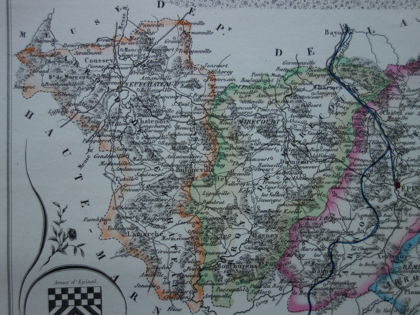 Oude kaart van VOSGES departement in Frankrijk uit 1856 originele antieke handgekleurde landkaart Épinal Contrexéville Gérardmer Jeanne d'Arc