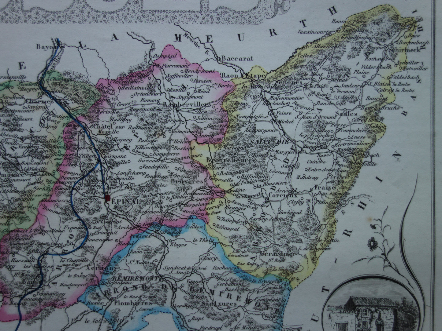 Oude kaart van VOSGES departement in Frankrijk uit 1856 originele antieke handgekleurde landkaart Épinal Contrexéville Gérardmer Jeanne d'Arc
