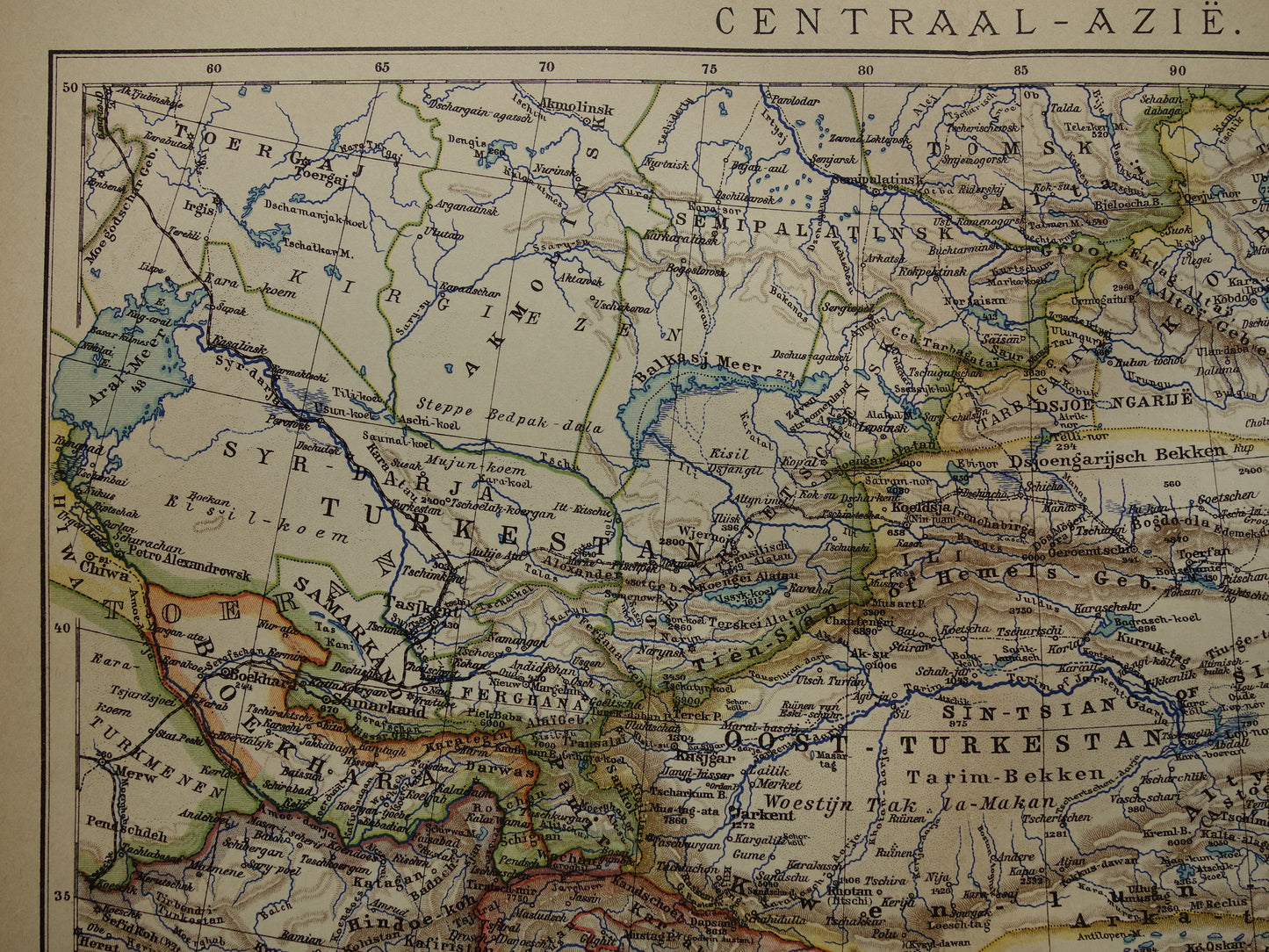 CENTRAAL-AZIË oude landkaart van Tibet Kashmir Turkestan Himalaya oude Nederlandse kaart Oezbekistan Kirgizië Tadzjikistan