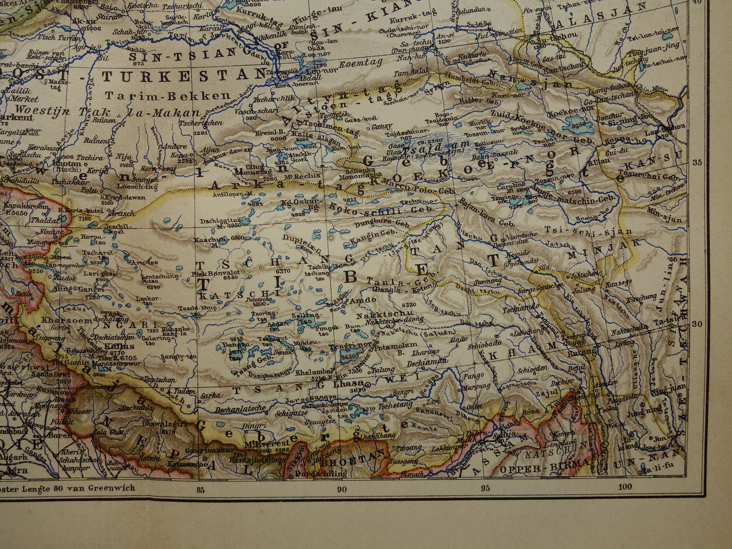CENTRAAL-AZIË oude landkaart van Tibet Kashmir Turkestan Himalaya oude Nederlandse kaart Oezbekistan Kirgizië Tadzjikistan