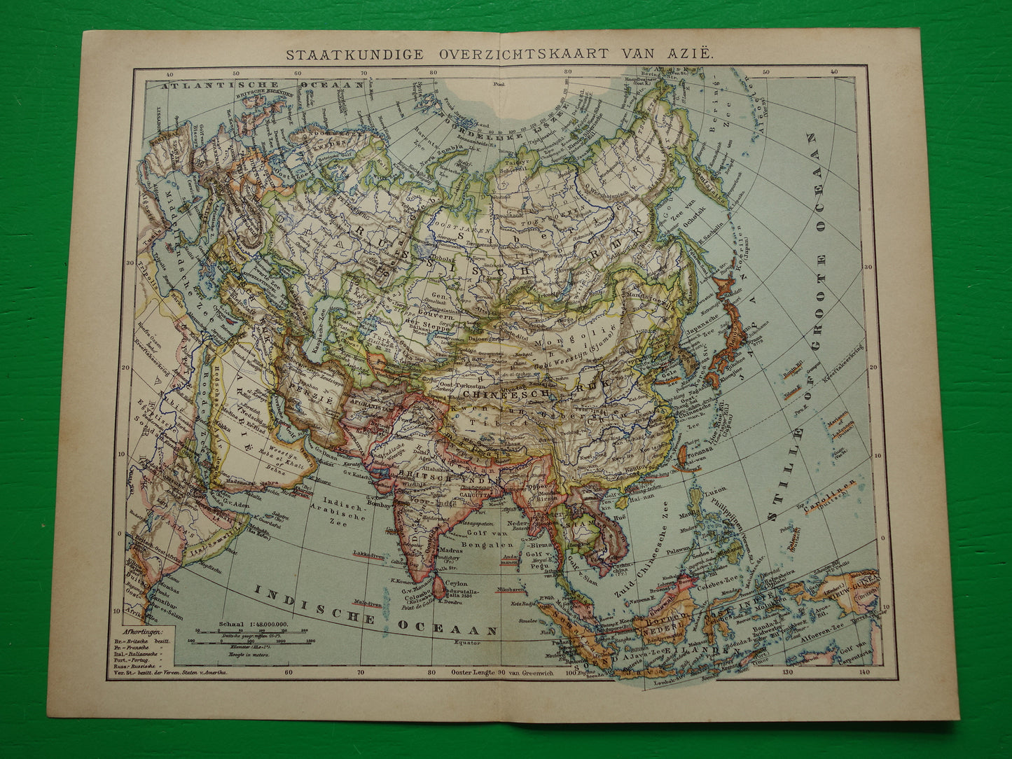 AZIË oude landkaart van continent Azië uit 1905 originele Nederlandse antieke kaart