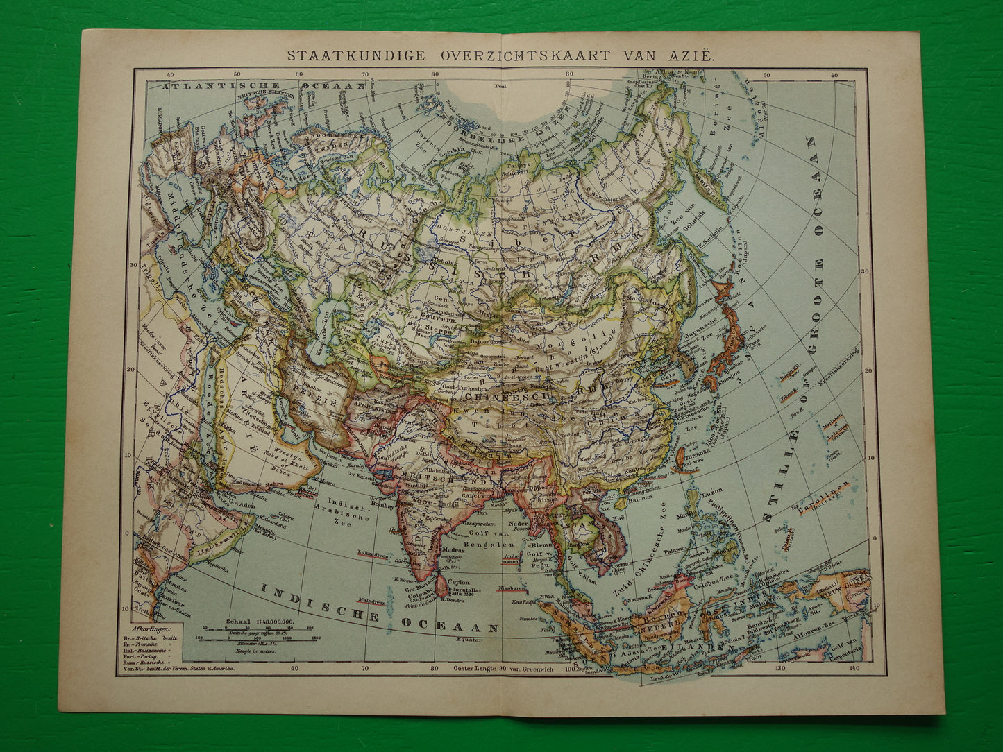 AZIË oude landkaart van continent Azië uit 1905 originele Nederlandse antieke kaart