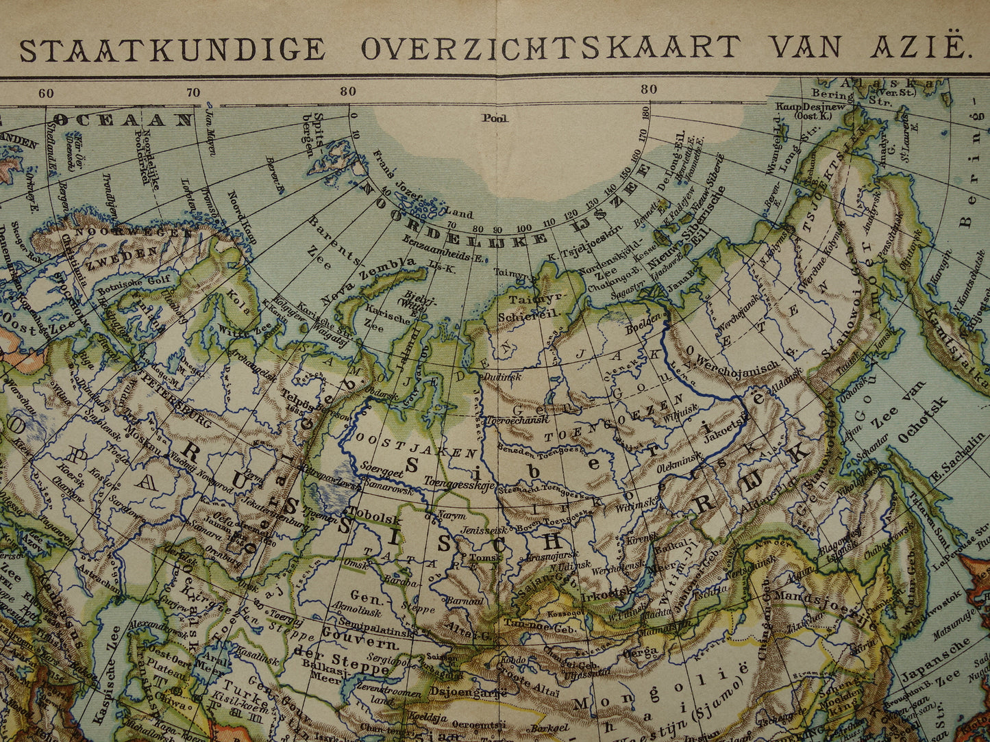 AZIË oude landkaart van continent Azië uit 1905 originele Nederlandse antieke kaart