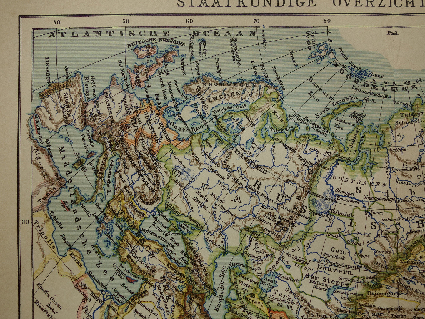 AZIË oude landkaart van continent Azië uit 1905 originele Nederlandse antieke kaart