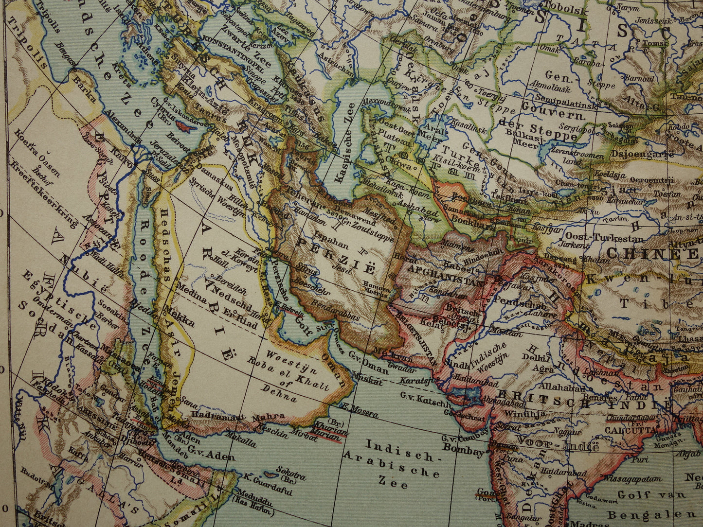 AZIË oude landkaart van continent Azië uit 1905 originele Nederlandse antieke kaart