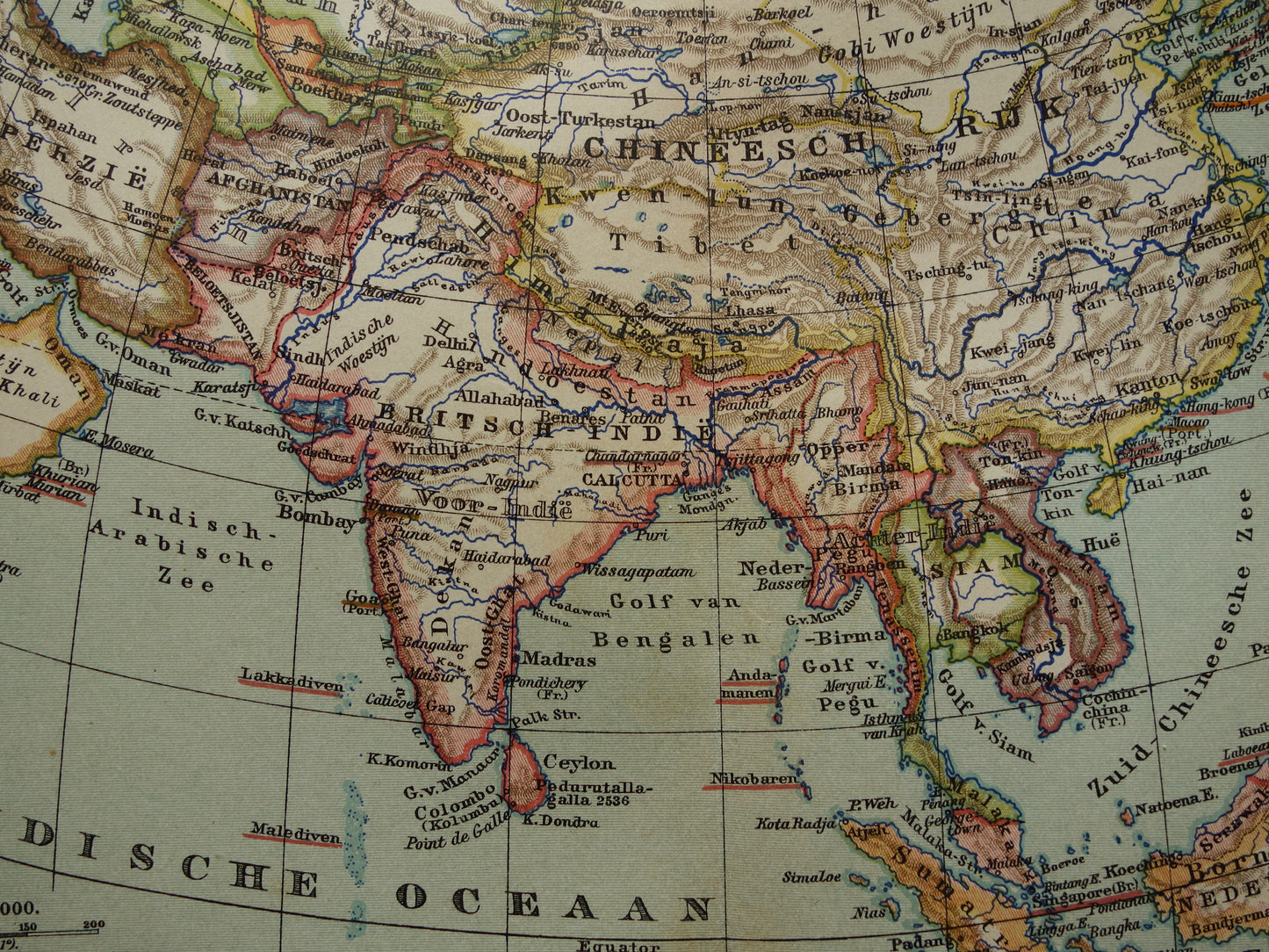 AZIË oude landkaart van continent Azië uit 1905 originele Nederlandse antieke kaart
