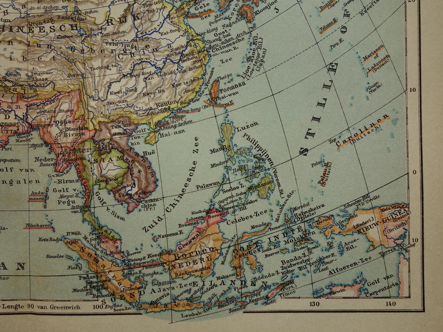 AZIË oude landkaart van continent Azië uit 1905 originele Nederlandse antieke kaart