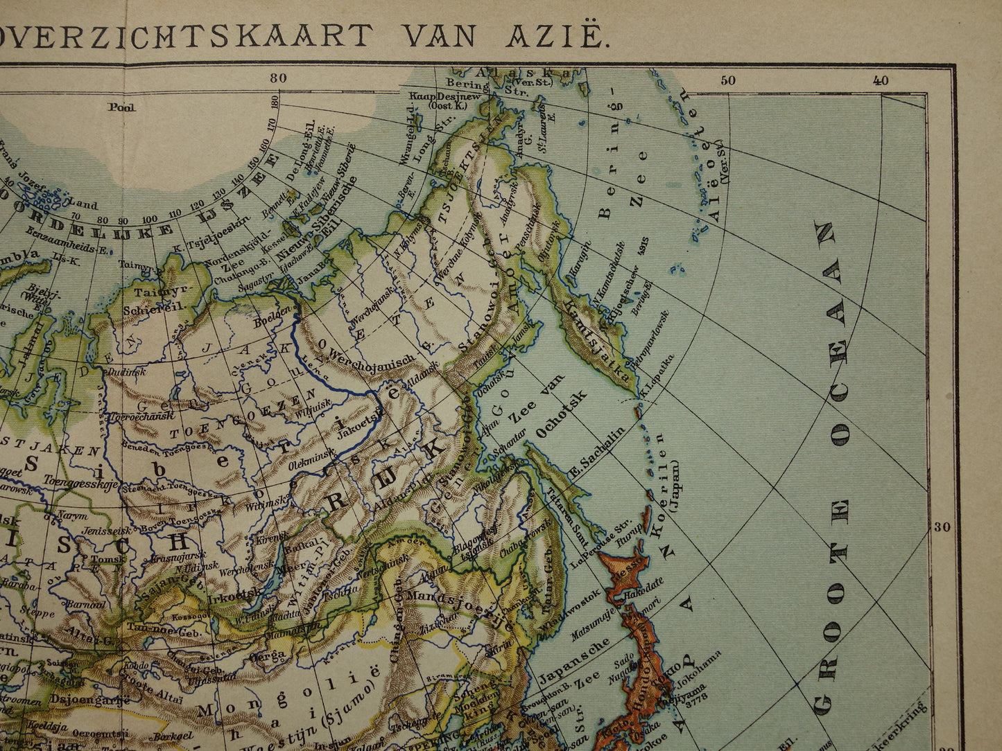 AZIË oude landkaart van continent Azië uit 1905 originele Nederlandse antieke kaart