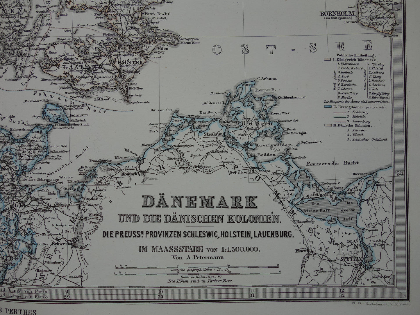 Oude kaart van Denemarken 1877 originele antieke landkaart Kopenhagen Ijsland Groenland vintage kaarten met jaartal