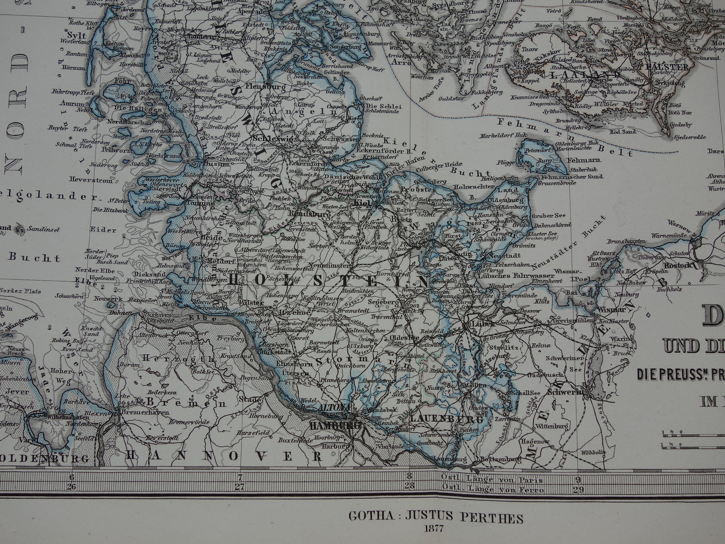 Oude kaart van Denemarken 1877 originele antieke landkaart Kopenhagen Ijsland Groenland vintage kaarten met jaartal