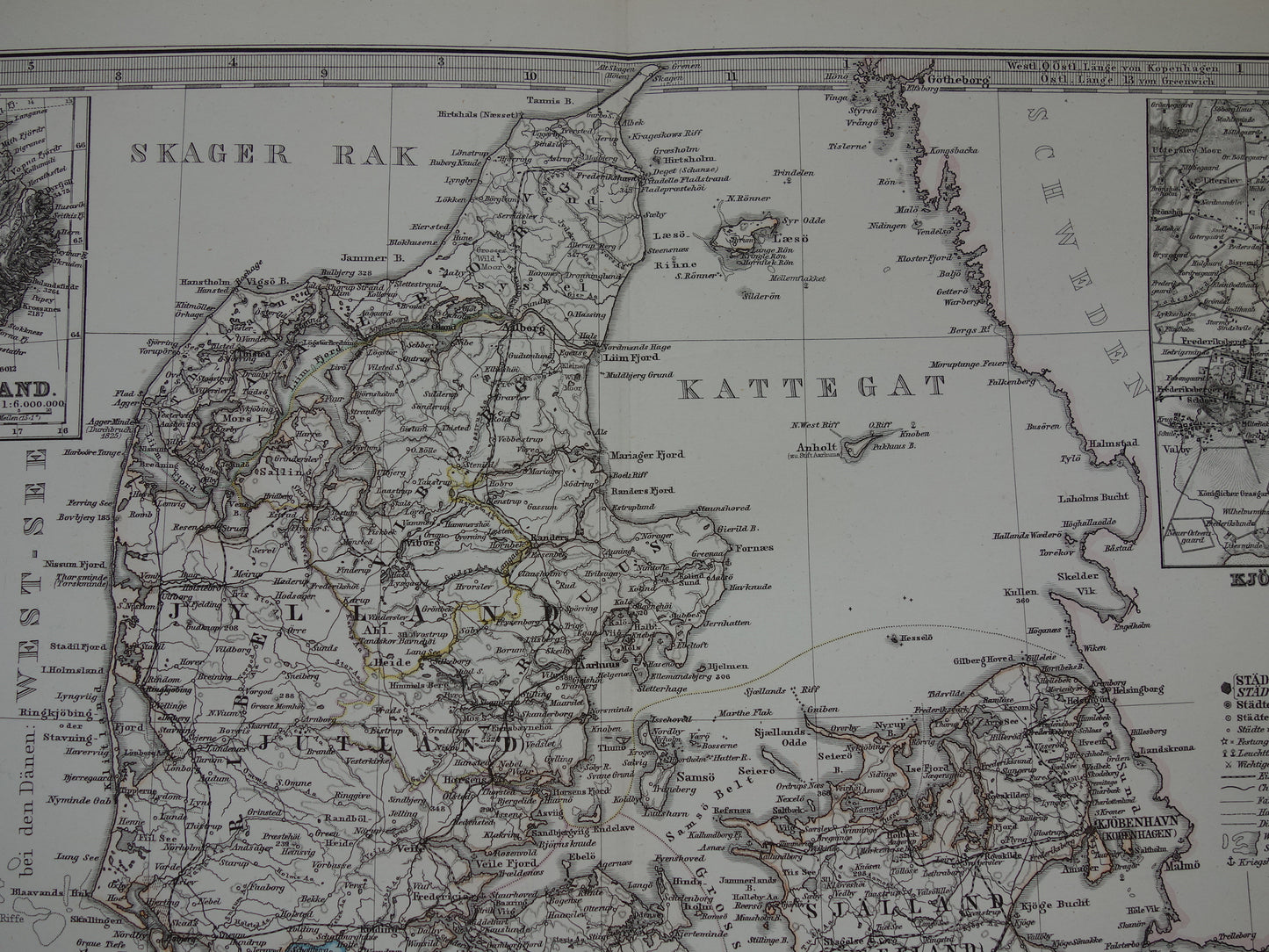 Oude kaart van Denemarken 1877 originele antieke landkaart Kopenhagen Ijsland Groenland vintage kaarten met jaartal