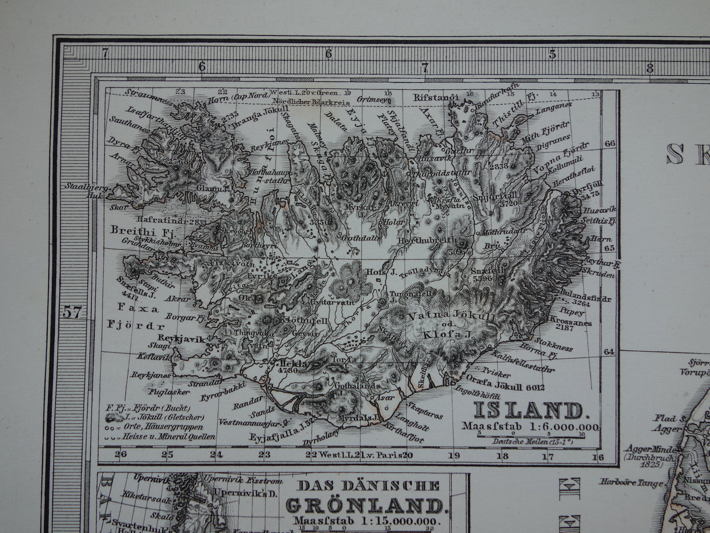 Oude kaart van Denemarken 1877 originele antieke landkaart Kopenhagen Ijsland Groenland vintage kaarten met jaartal