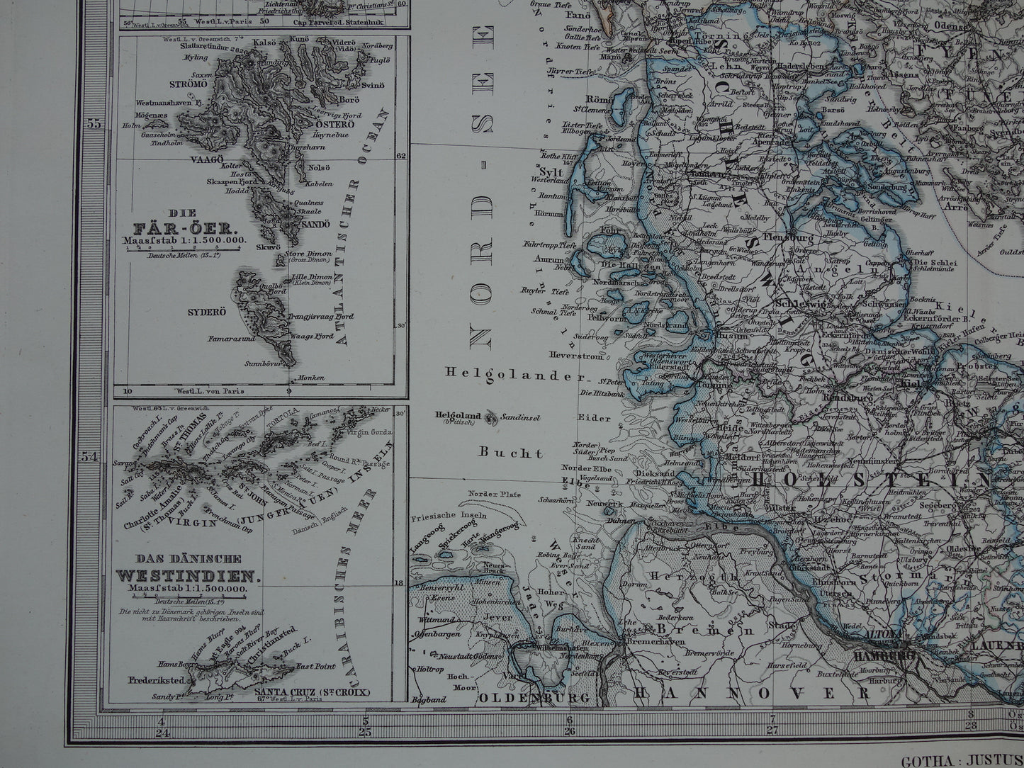 Oude kaart van Denemarken 1877 originele antieke landkaart Kopenhagen Ijsland Groenland vintage kaarten met jaartal