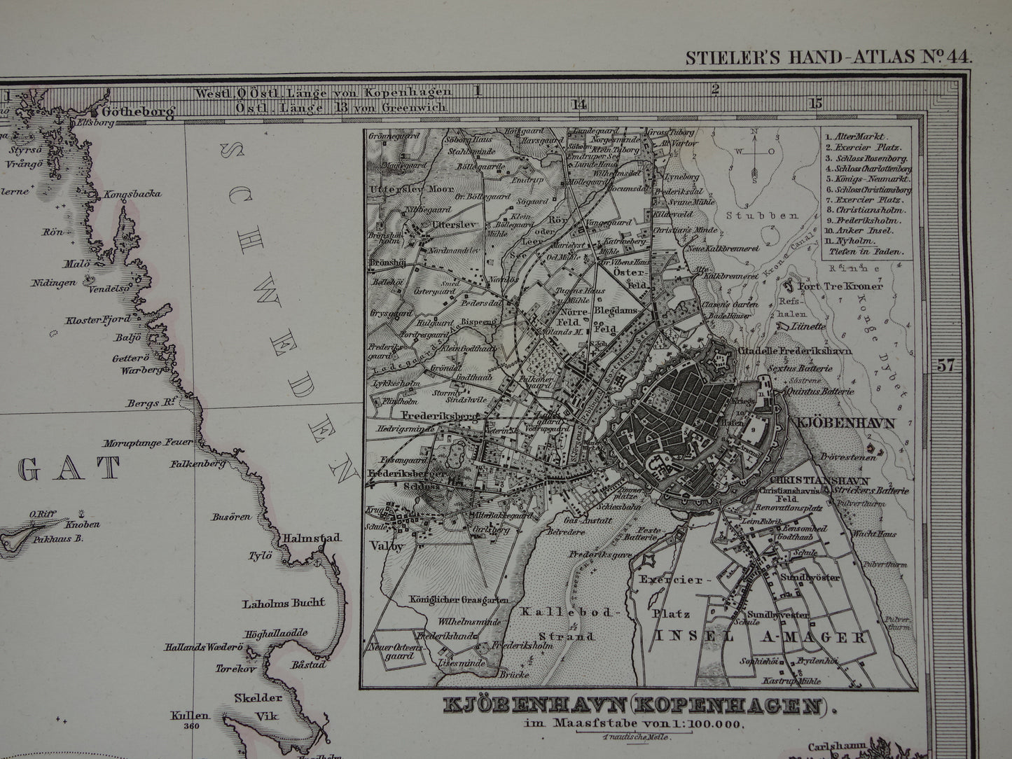 Oude kaart van Denemarken 1877 originele antieke landkaart Kopenhagen Ijsland Groenland vintage kaarten met jaartal