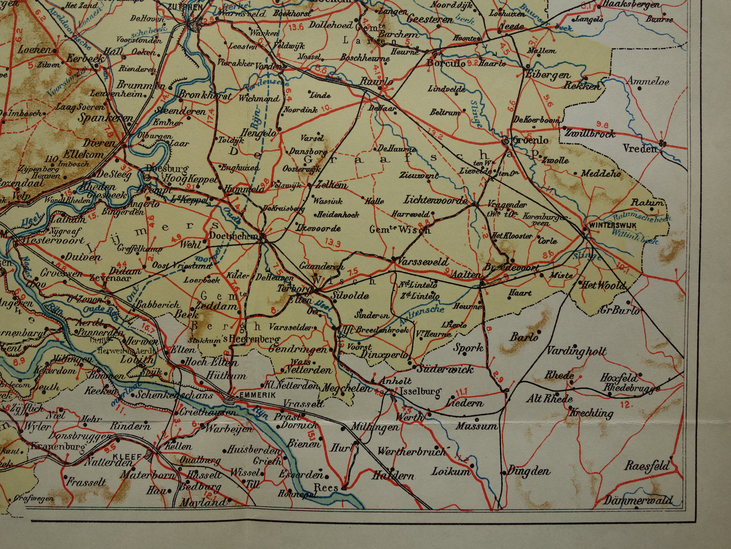 GELDERLAND Oude kaart van de provincie Gelderland uit 1928 originele vintage historische landkaart Apeldoorn Arnhem Nijmegen