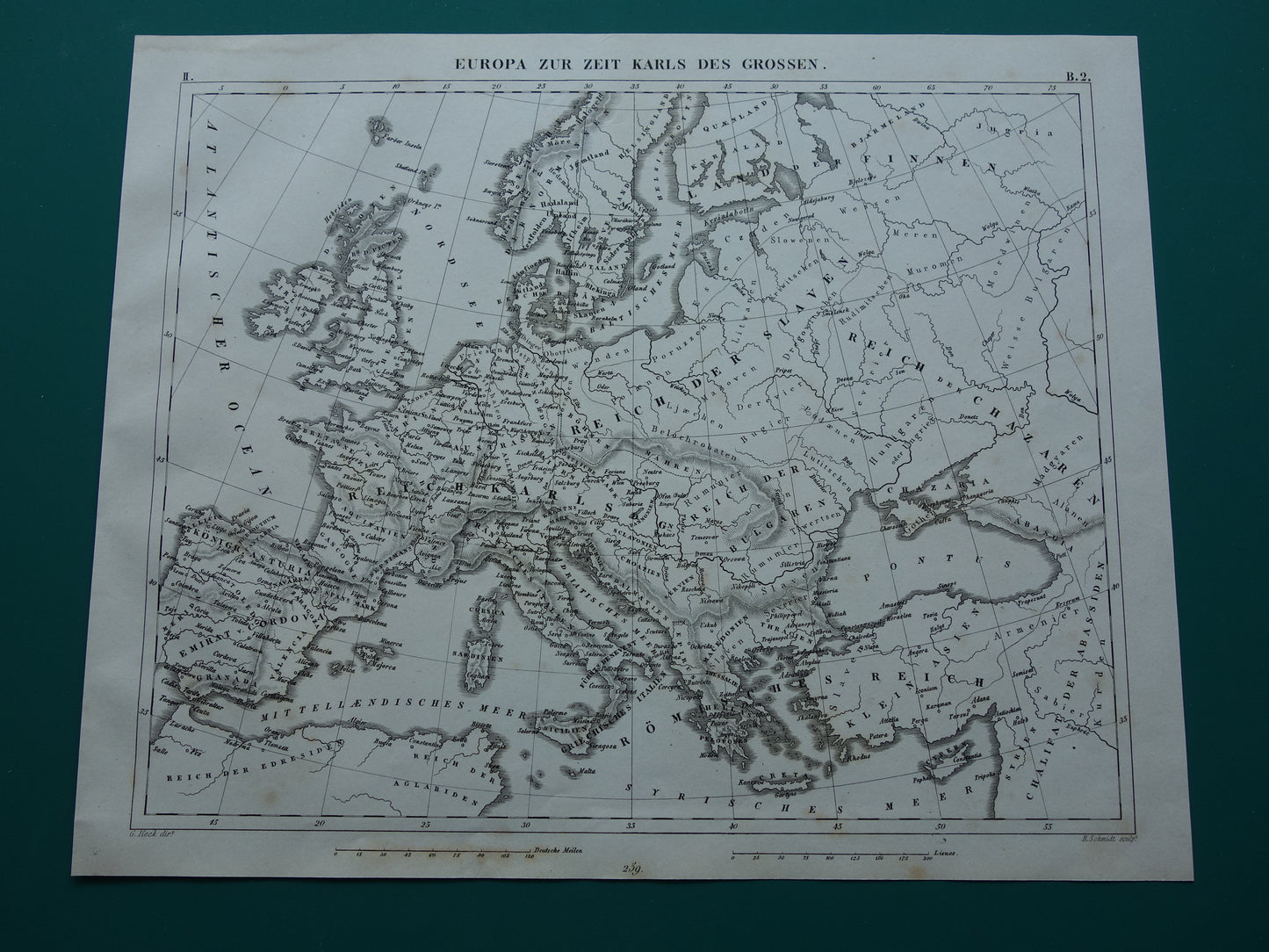 Antieke kaart van EUROPA tijdens Karel de Grote 170+ jaar oude landkaart van continent uit 1849 - originele vintage historische kaarten Rijk Carolus Magnus