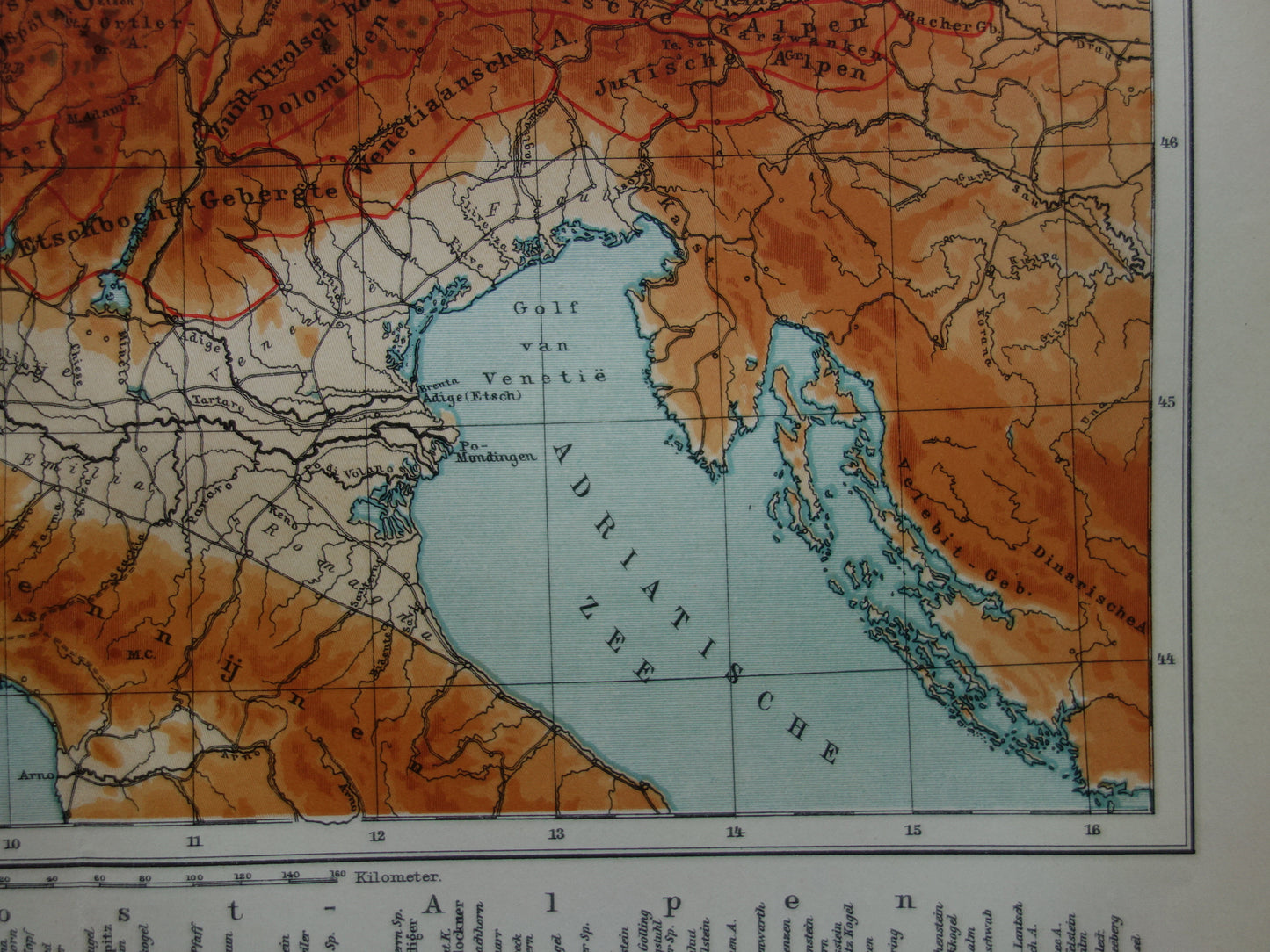 Oude kaart van de Alpen uit 1914 - originele vintage hoogtekaart van de Alpen antieke landkaart