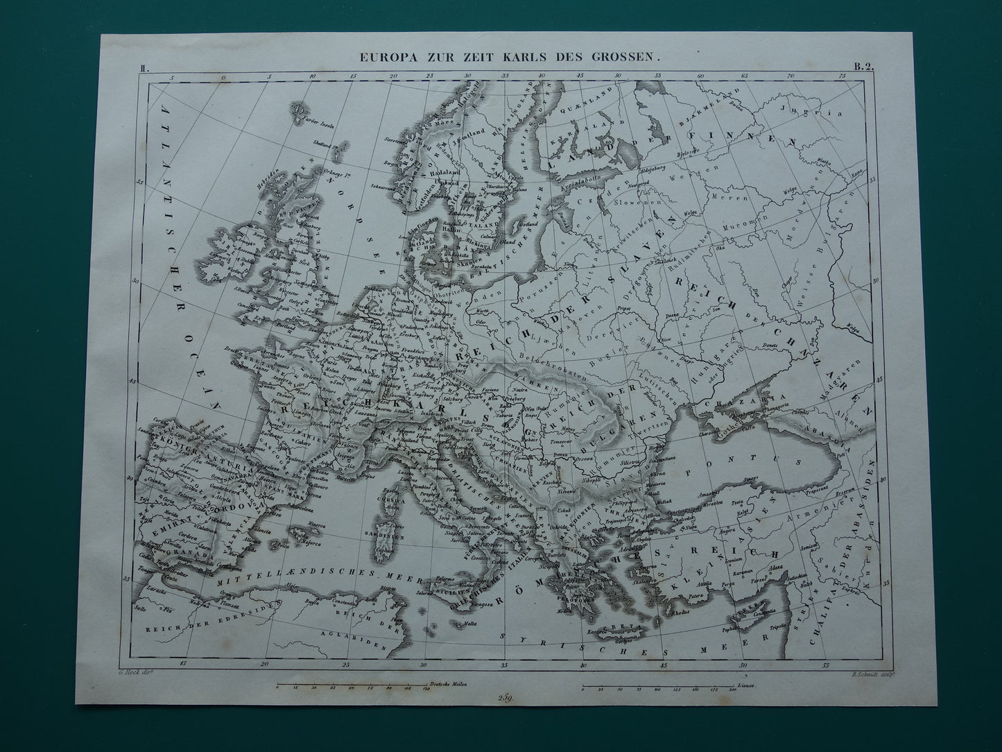 Antieke kaart van EUROPA tijdens Karel de Grote 170+ jaar oude landkaart van continent uit 1849 - originele vintage historische kaarten Rijk Carolus Magnus