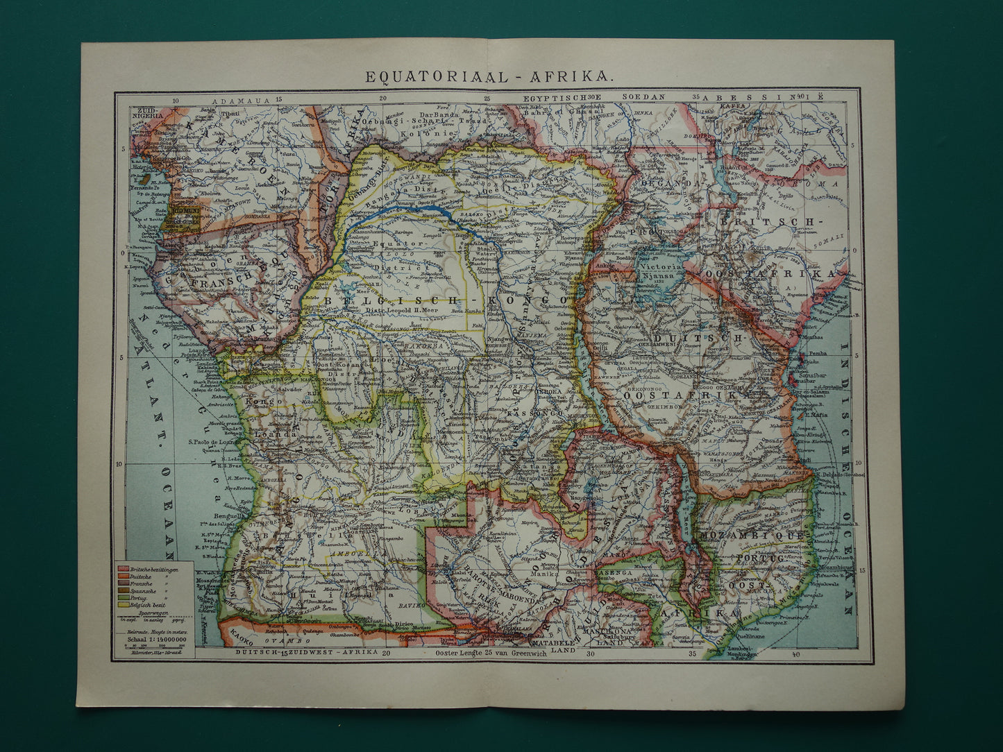 Oude kaart van Centraal Afrika uit 1914 originele landkaart van Midden-Afrika Kongo Angola Tanzania historische vintage print