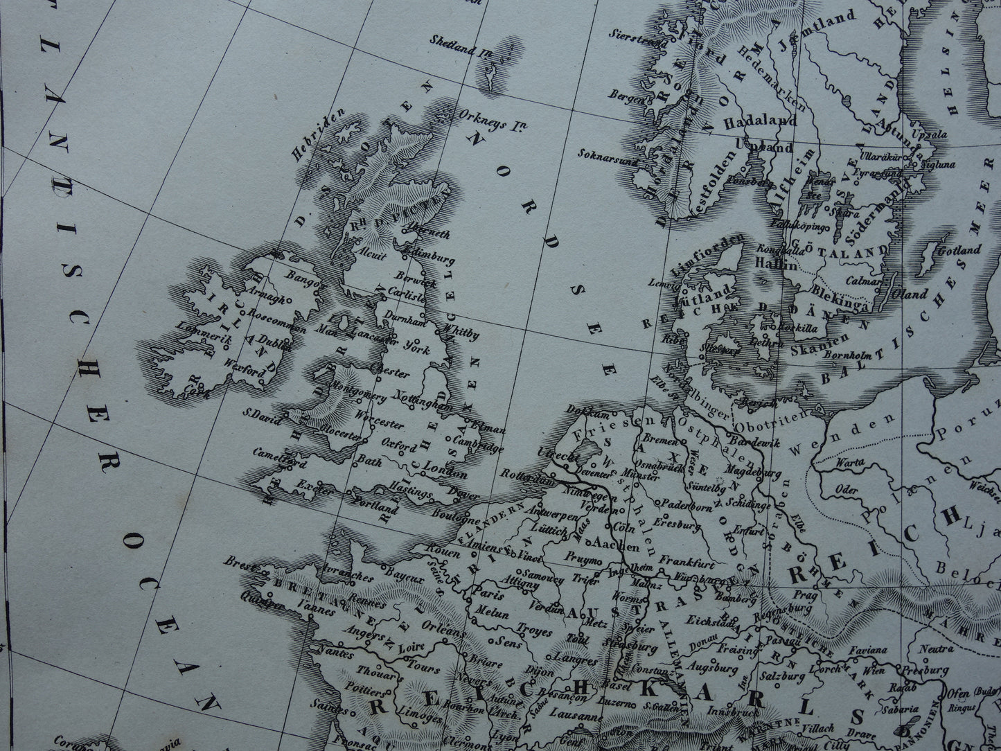 Antieke kaart van EUROPA tijdens Karel de Grote 170+ jaar oude landkaart van continent uit 1849 - originele vintage historische kaarten Rijk Carolus Magnus
