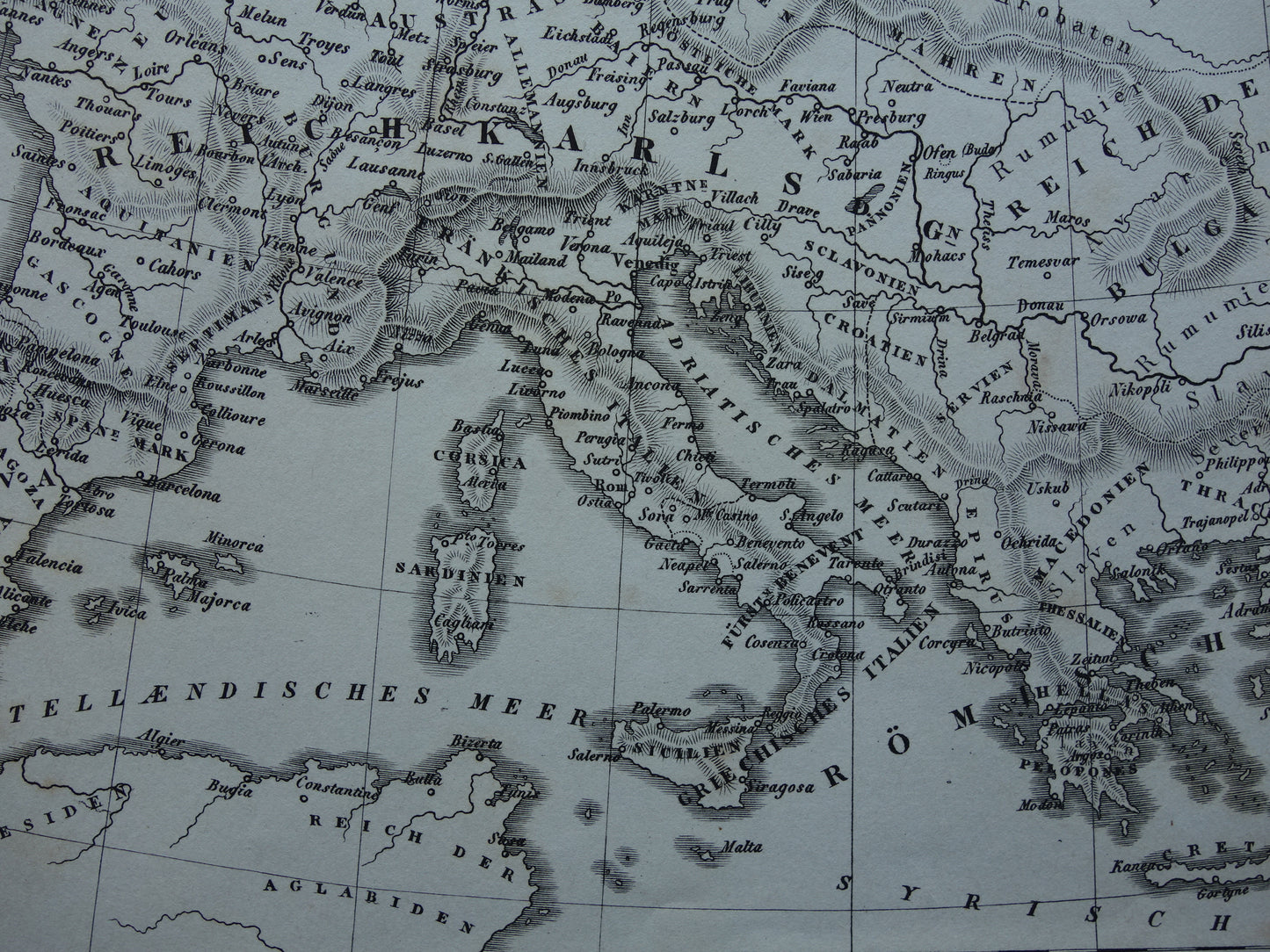 Antieke kaart van EUROPA tijdens Karel de Grote 170+ jaar oude landkaart van continent uit 1849 - originele vintage historische kaarten Rijk Carolus Magnus