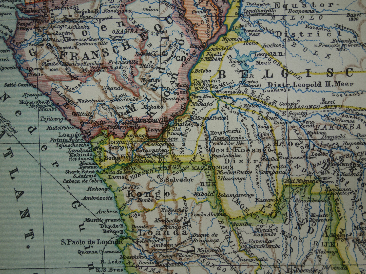 Oude kaart van Centraal Afrika uit 1914 originele landkaart van Midden-Afrika Kongo Angola Tanzania historische vintage print