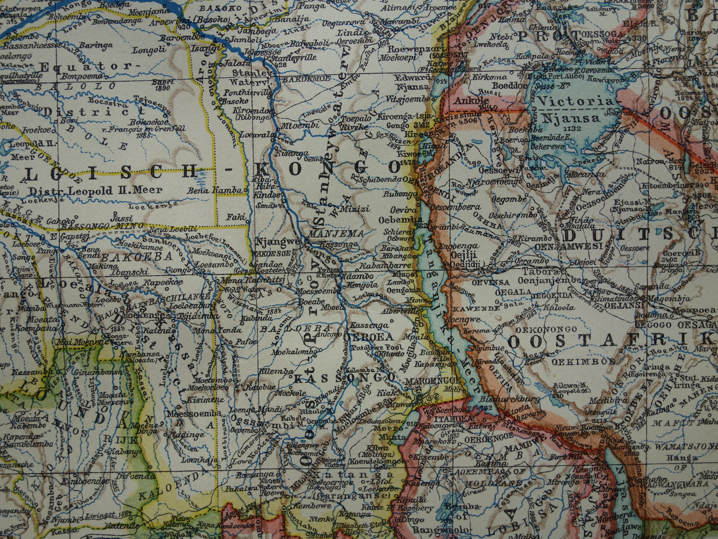Oude kaart van Centraal Afrika uit 1914 originele landkaart van Midden-Afrika Kongo Angola Tanzania historische vintage print