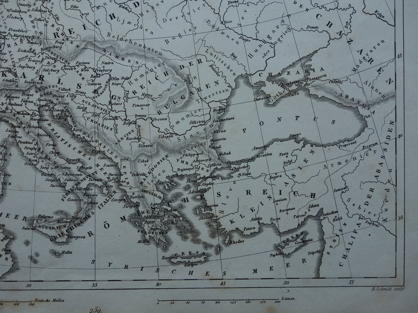 Antieke kaart van EUROPA tijdens Karel de Grote 170+ jaar oude landkaart van continent uit 1849 - originele vintage historische kaarten Rijk Carolus Magnus