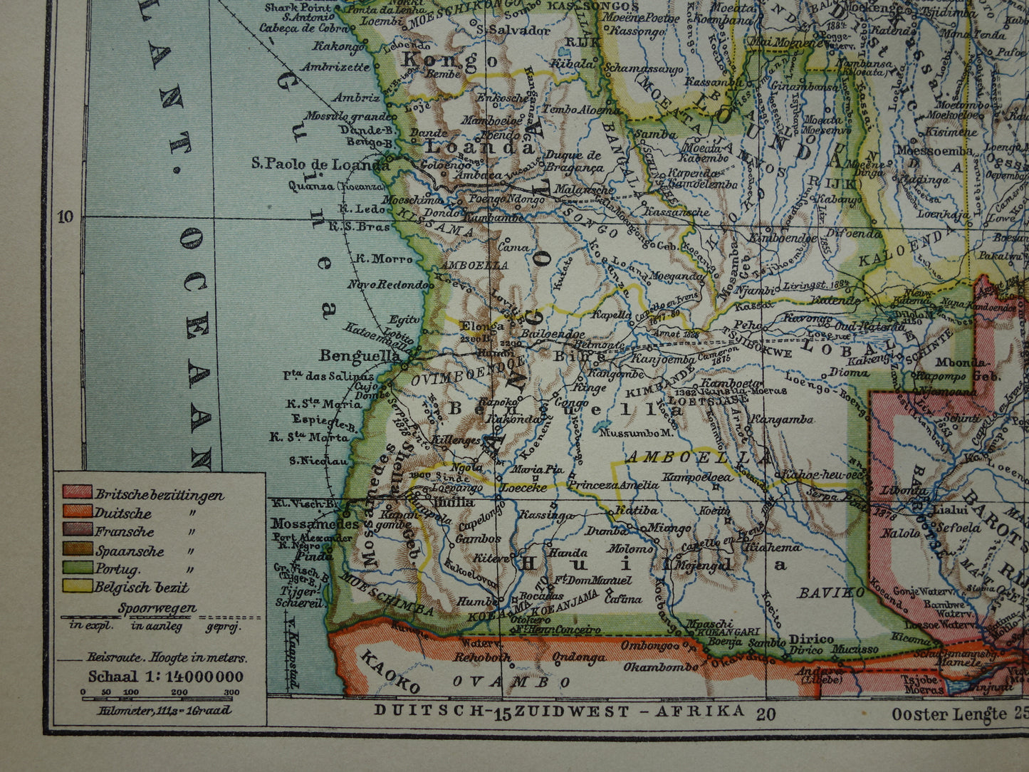 Oude kaart van Centraal Afrika uit 1914 originele landkaart van Midden-Afrika Kongo Angola Tanzania historische vintage print