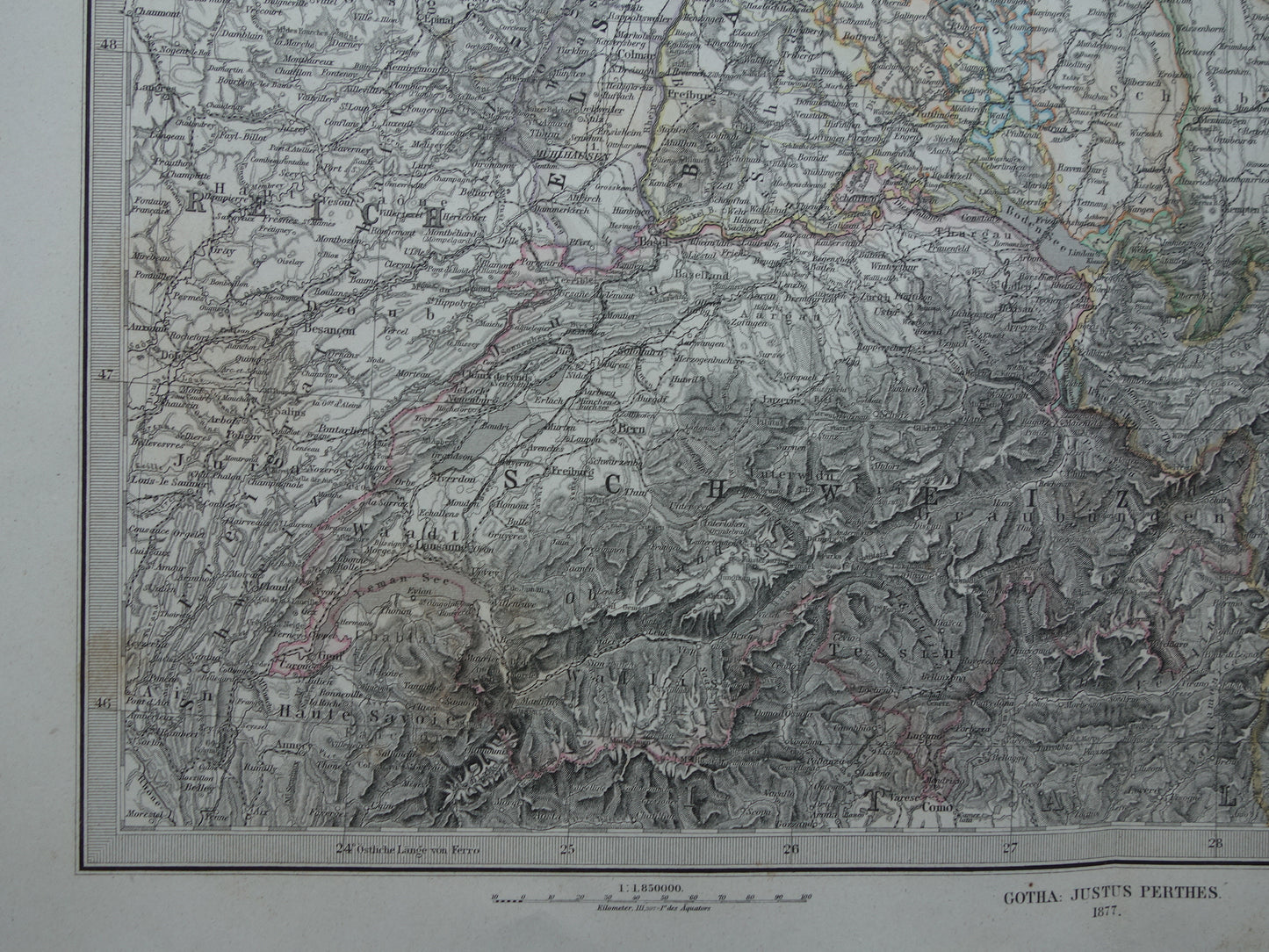 Oude landkaart van Zuid-Duitsland en Zwitserland originele 145+ jaar oude antieke kaart Elzas Lotharingen Württemberg Beieren