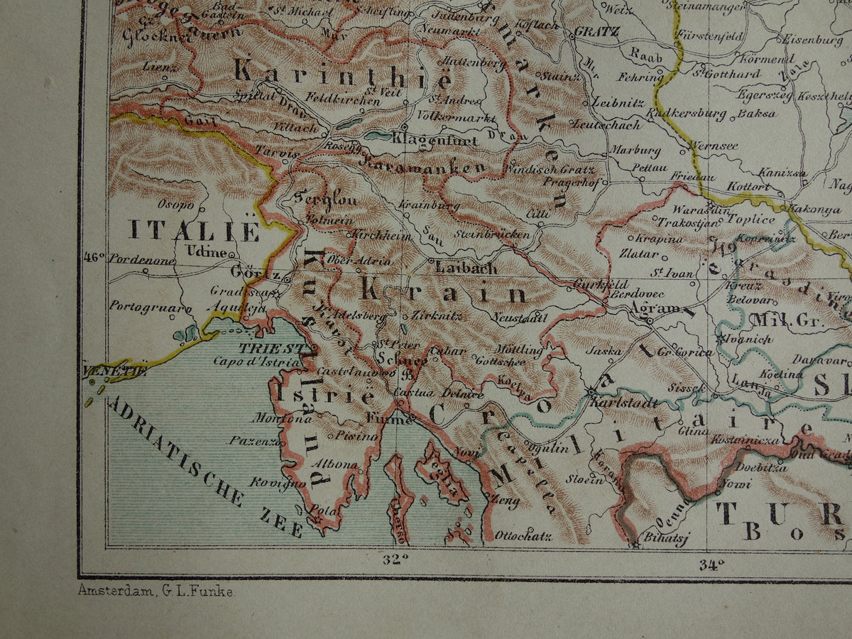 Austria old map original antique Kuyper map from 1882 vintage maps Vienna Graz Bohemia