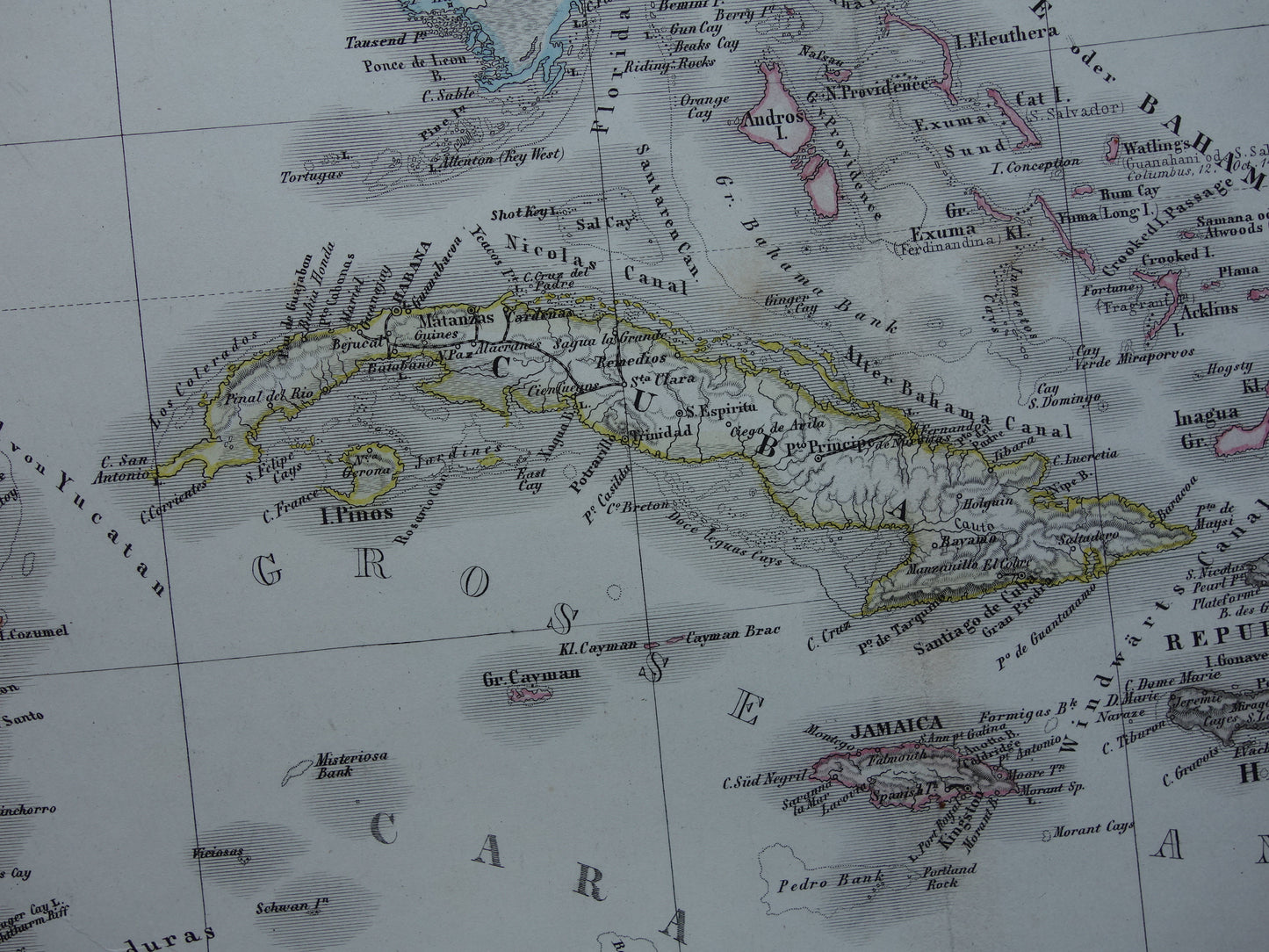 Antieke kaart van ANTILLEN 155+ jaar oude handgekleurde landkaart Curaçao Aruba Cuba Haïti Puerto Rico 1860