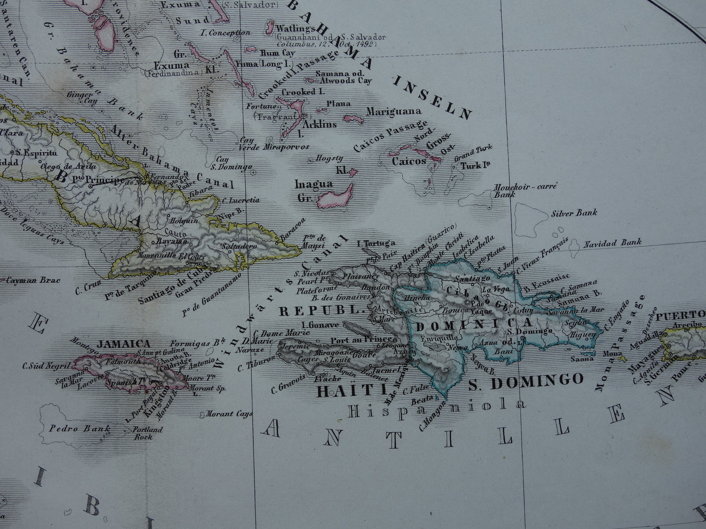 Antieke kaart van ANTILLEN 155+ jaar oude handgekleurde landkaart Curaçao Aruba Cuba Haïti Puerto Rico 1860