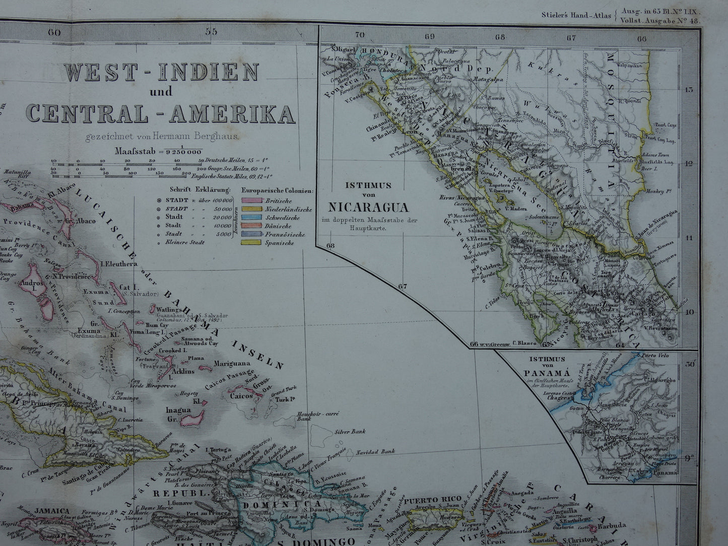 Antieke kaart van ANTILLEN 155+ jaar oude handgekleurde landkaart Curaçao Aruba Cuba Haïti Puerto Rico 1860