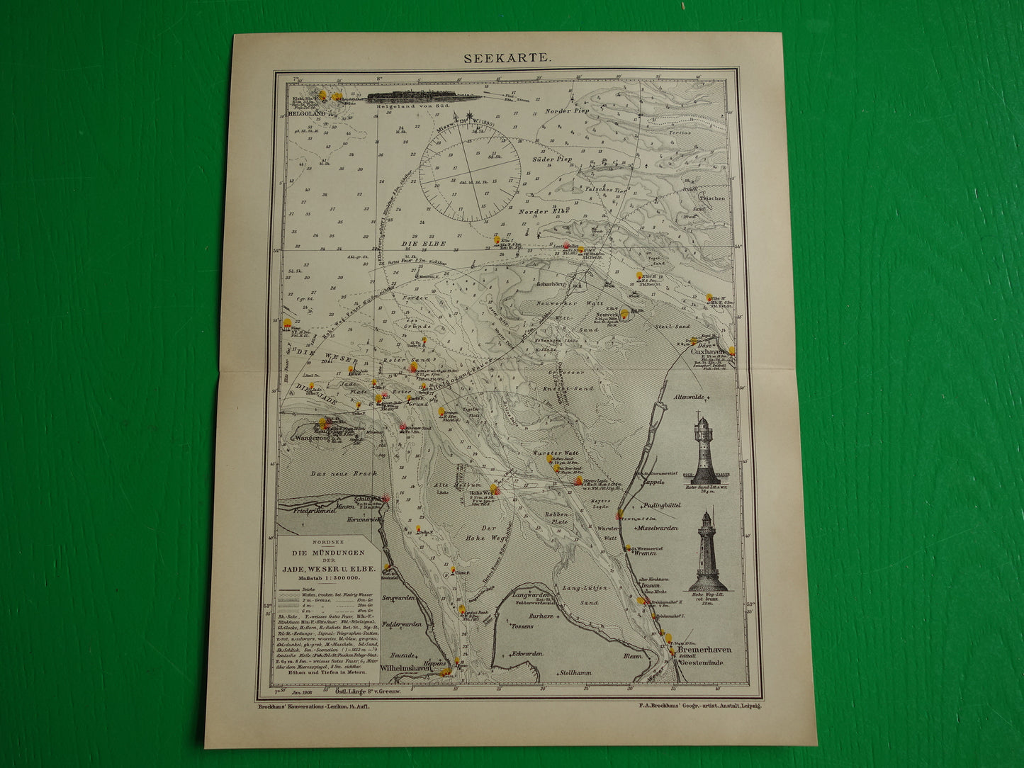 Oude kaart monding van Jade Weser Elbe rivier 1905 originele Duitse antieke print van delta Noordzee gedateerde vintage kaarten Bremerhaven zeekaart diepte