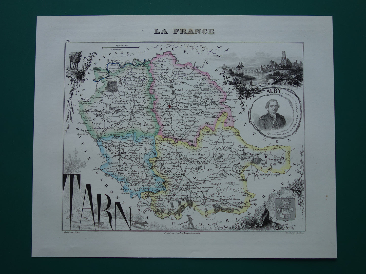 Oude kaart van TARN departement in Frankrijk uit 1856 originele antieke handgekleurde landkaart Albi Castres Gaillac Graulhet Carmaux