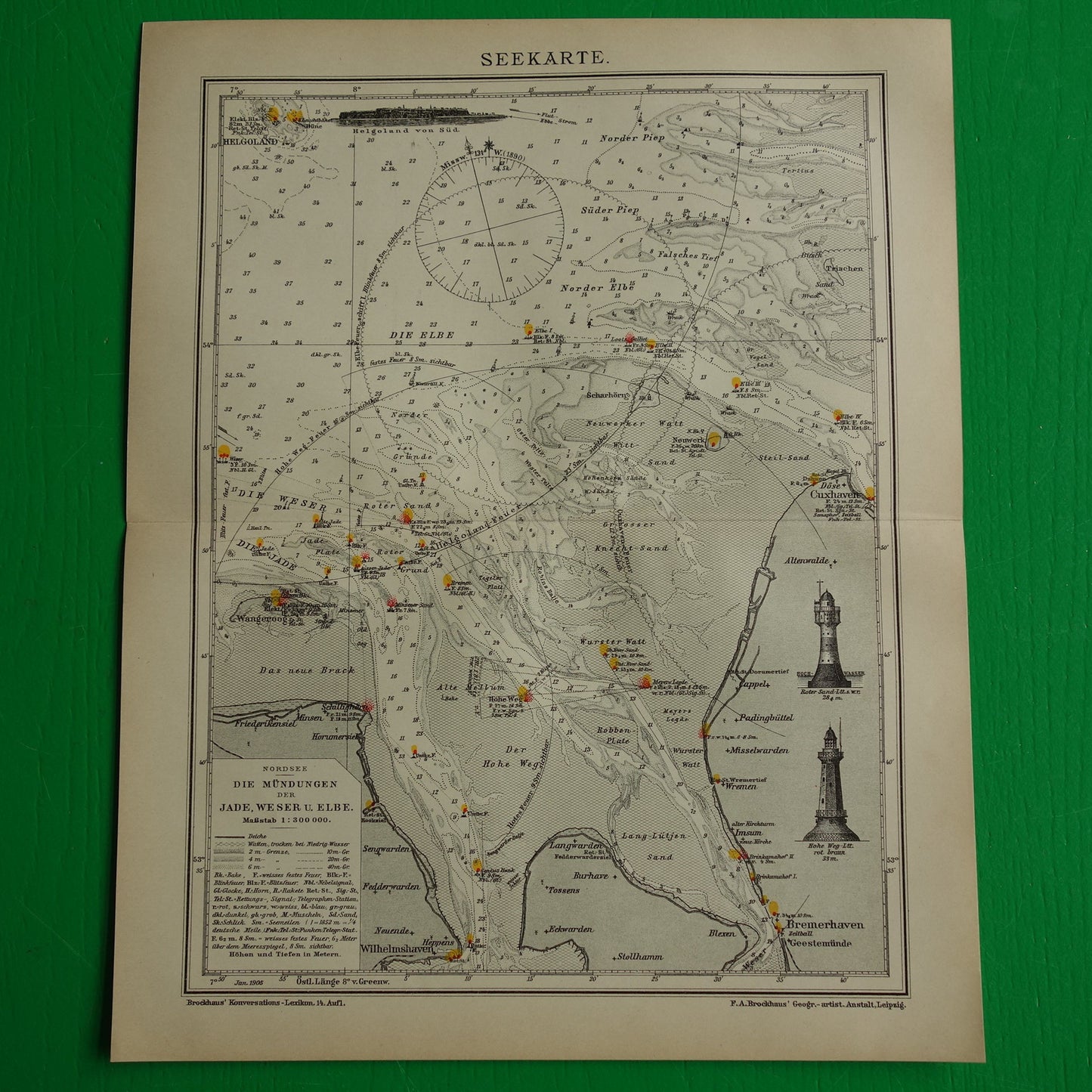 Oude kaart monding van Jade Weser Elbe rivier 1905 originele Duitse antieke print van delta Noordzee gedateerde vintage kaarten Bremerhaven zeekaart diepte
